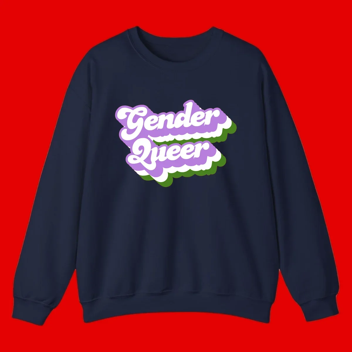 Retro-style gender queer pride design with white text and purple-green scalloped shapes