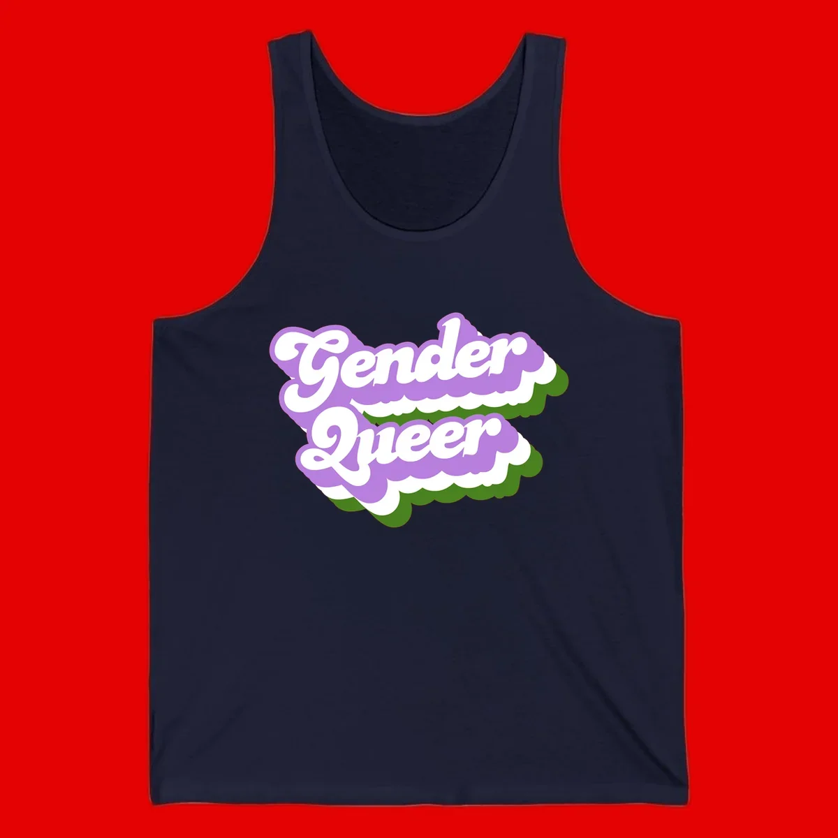 Retro-style gender queer pride design with white text and purple-green scalloped shapes