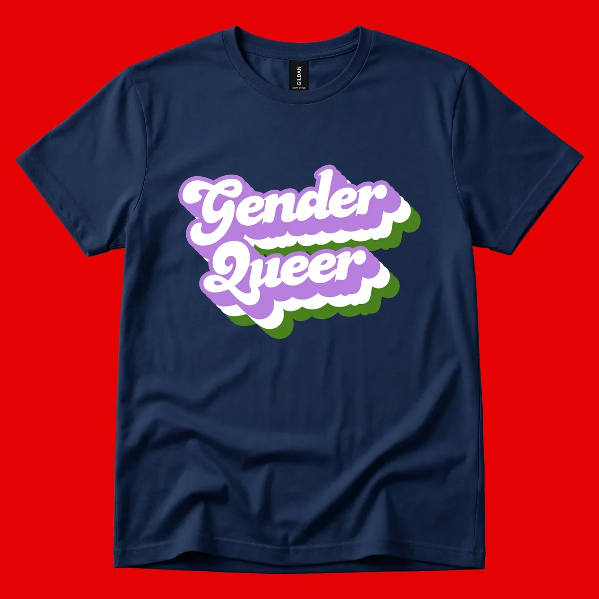 Retro-style gender queer pride design with white text and purple-green scalloped shapes