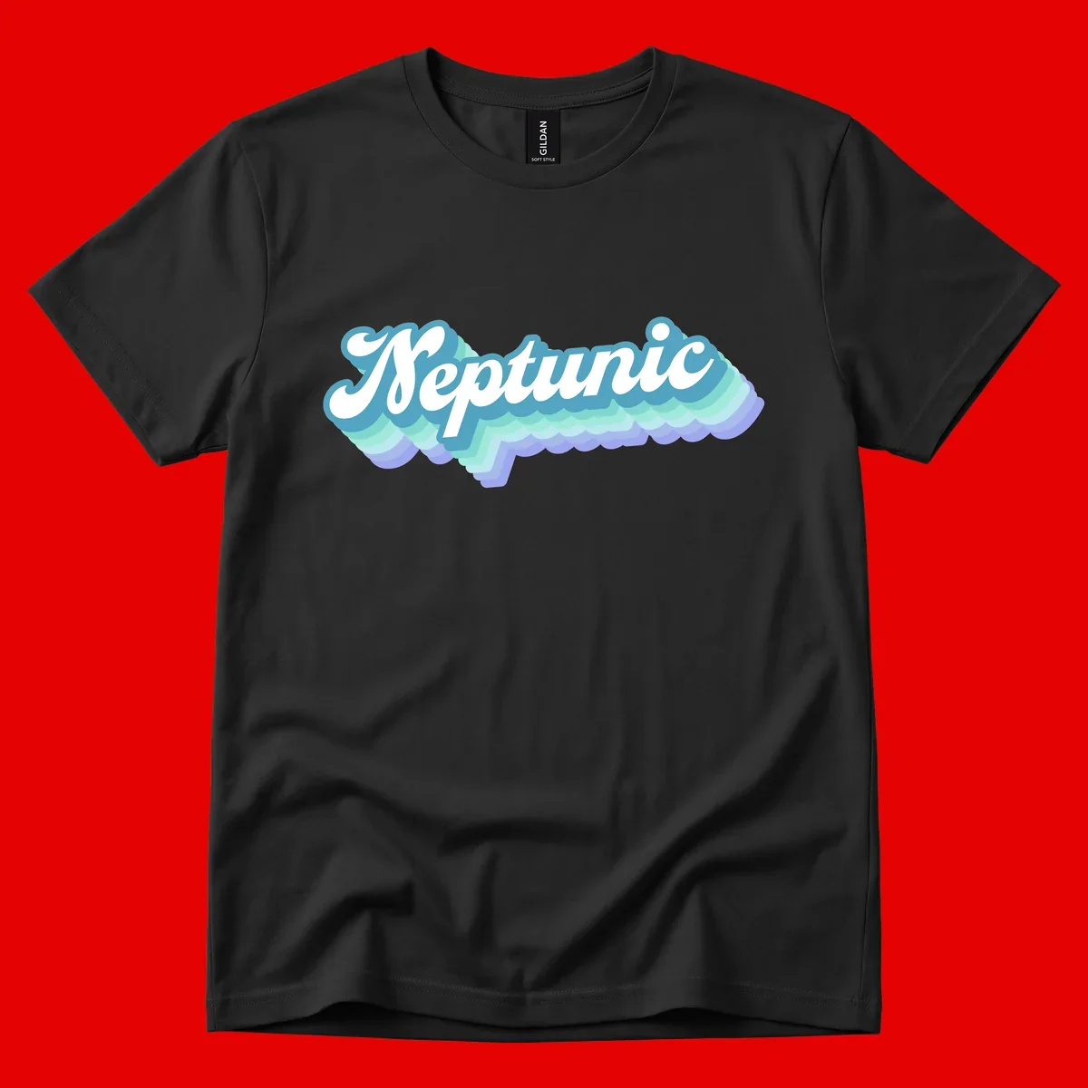Neptune cloud dreamy design featuring white cursive text over layered teal, cyan, and purple scalloped cloud shapes with gradient background