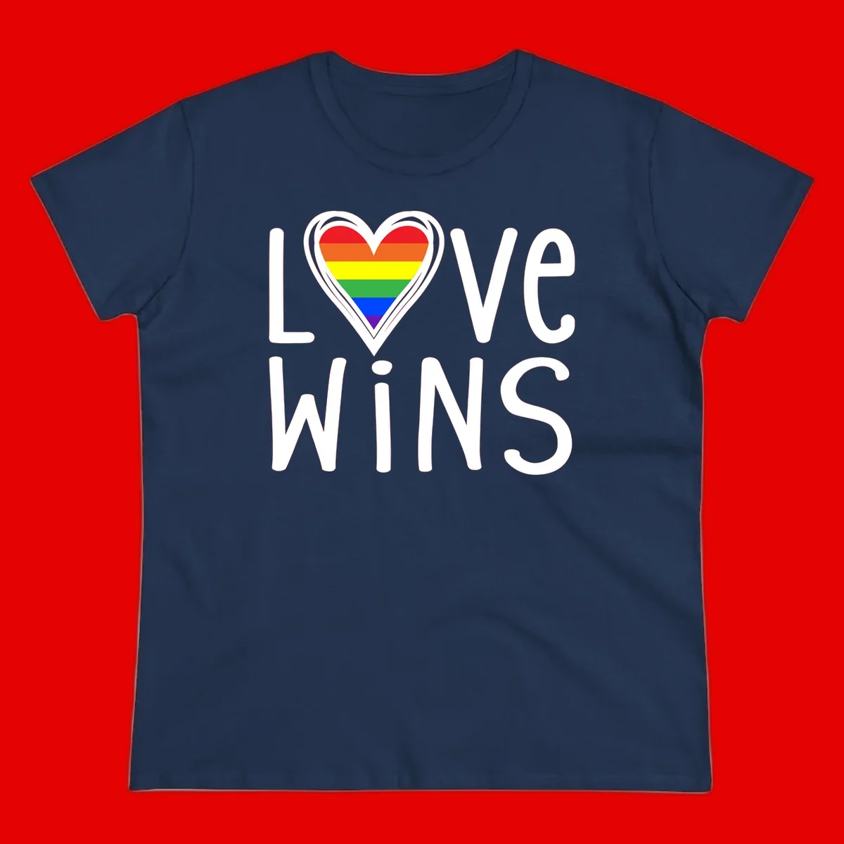 Love wins rainbow heart design with pride flag colors in white outlined heart shape and text