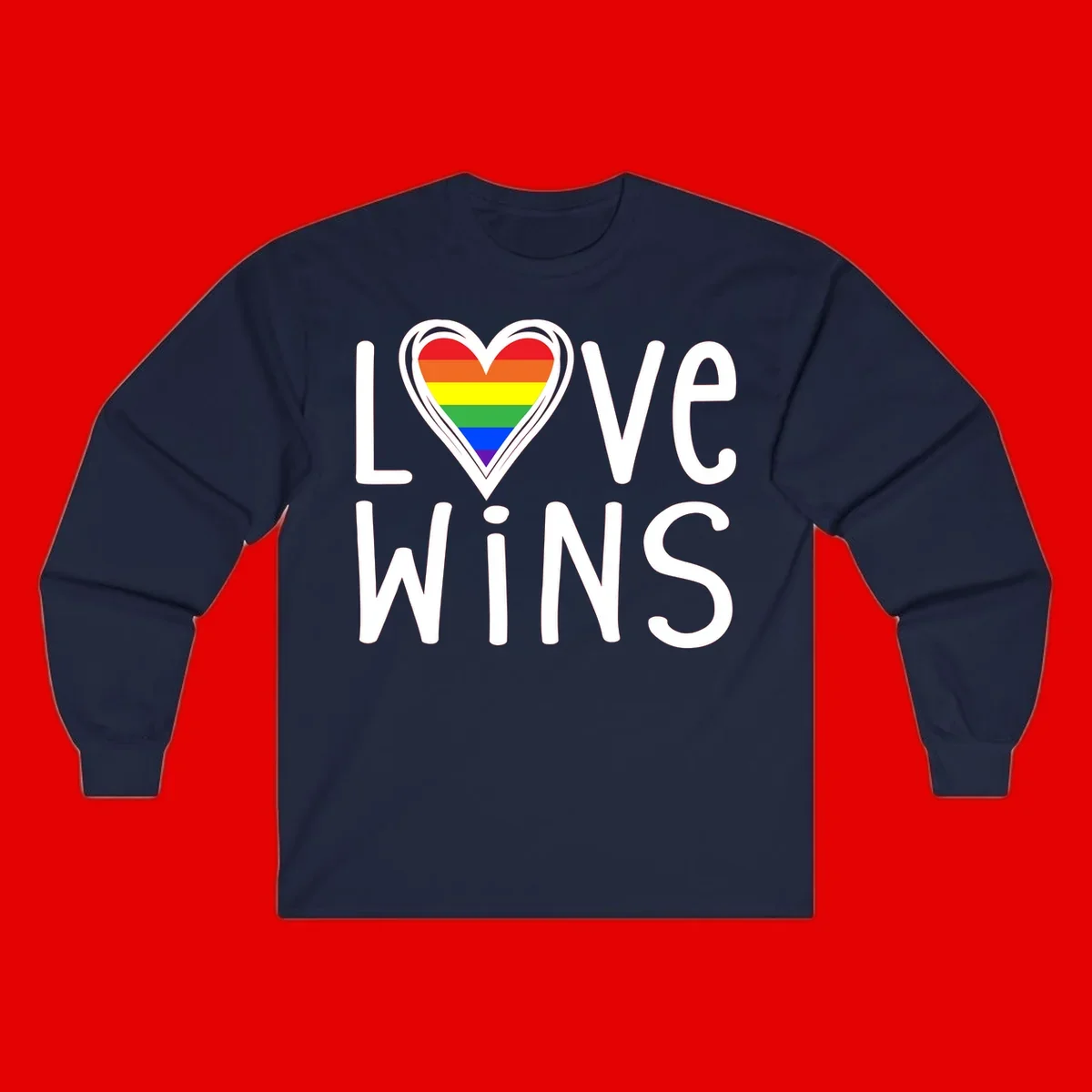 Love wins rainbow heart design with pride flag colors in white outlined heart shape and text