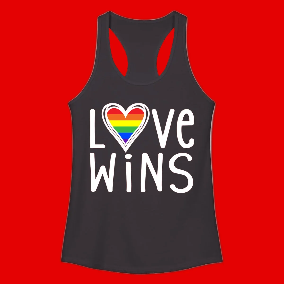 Love wins rainbow heart design with pride flag colors in white outlined heart shape and text