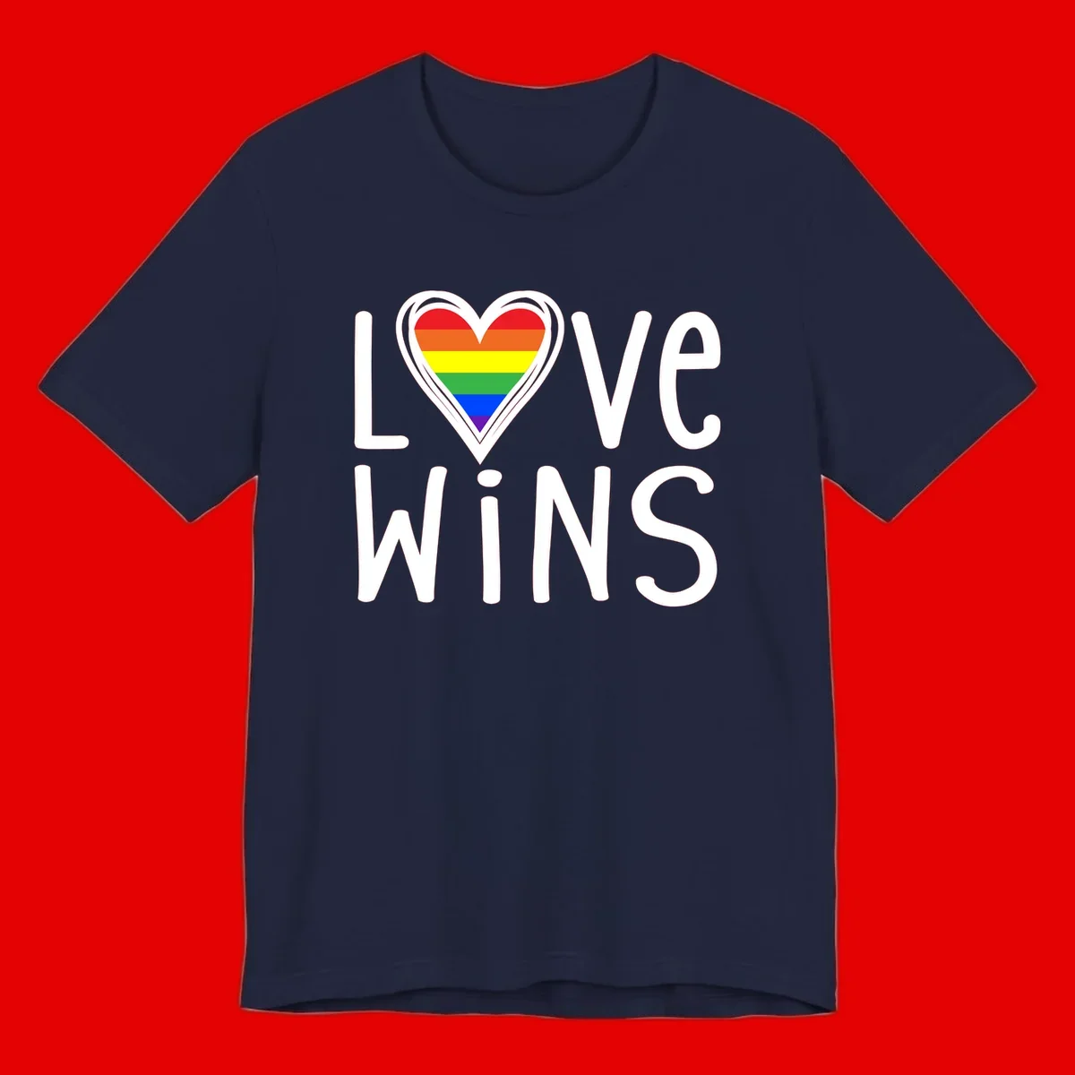 Love wins rainbow heart design with pride flag colors in white outlined heart shape and text