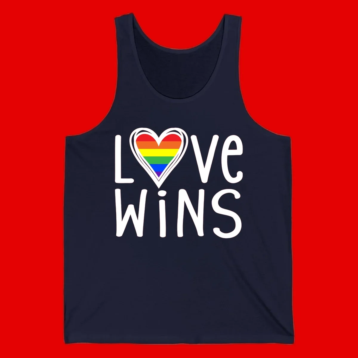 Love wins rainbow heart design with pride flag colors in white outlined heart shape and text