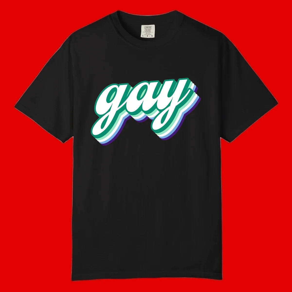 Gay pride layered script design with 3D rainbow color effect in teal, green, blue, and purple