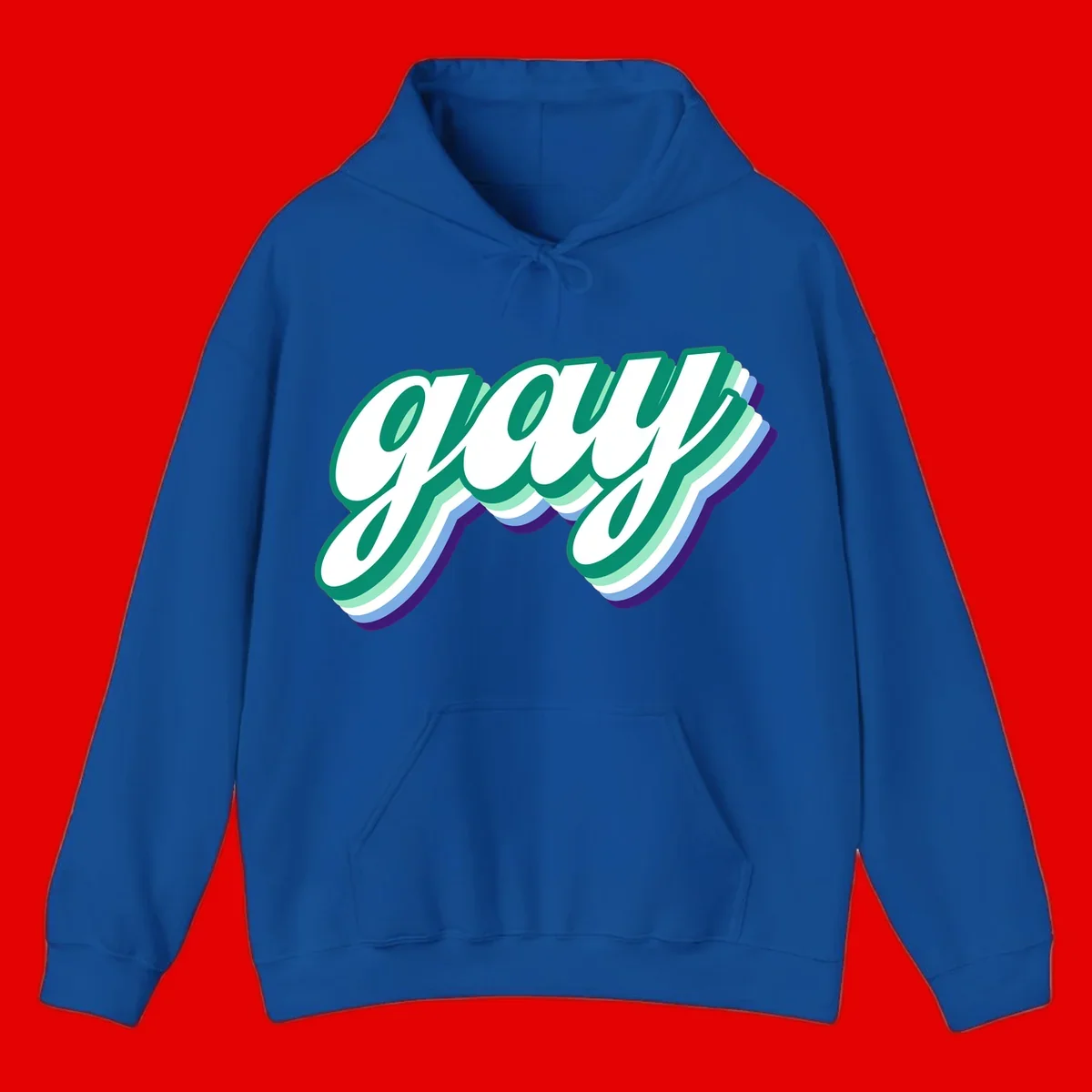 Gay pride layered script design with 3D rainbow color effect in teal, green, blue, and purple
