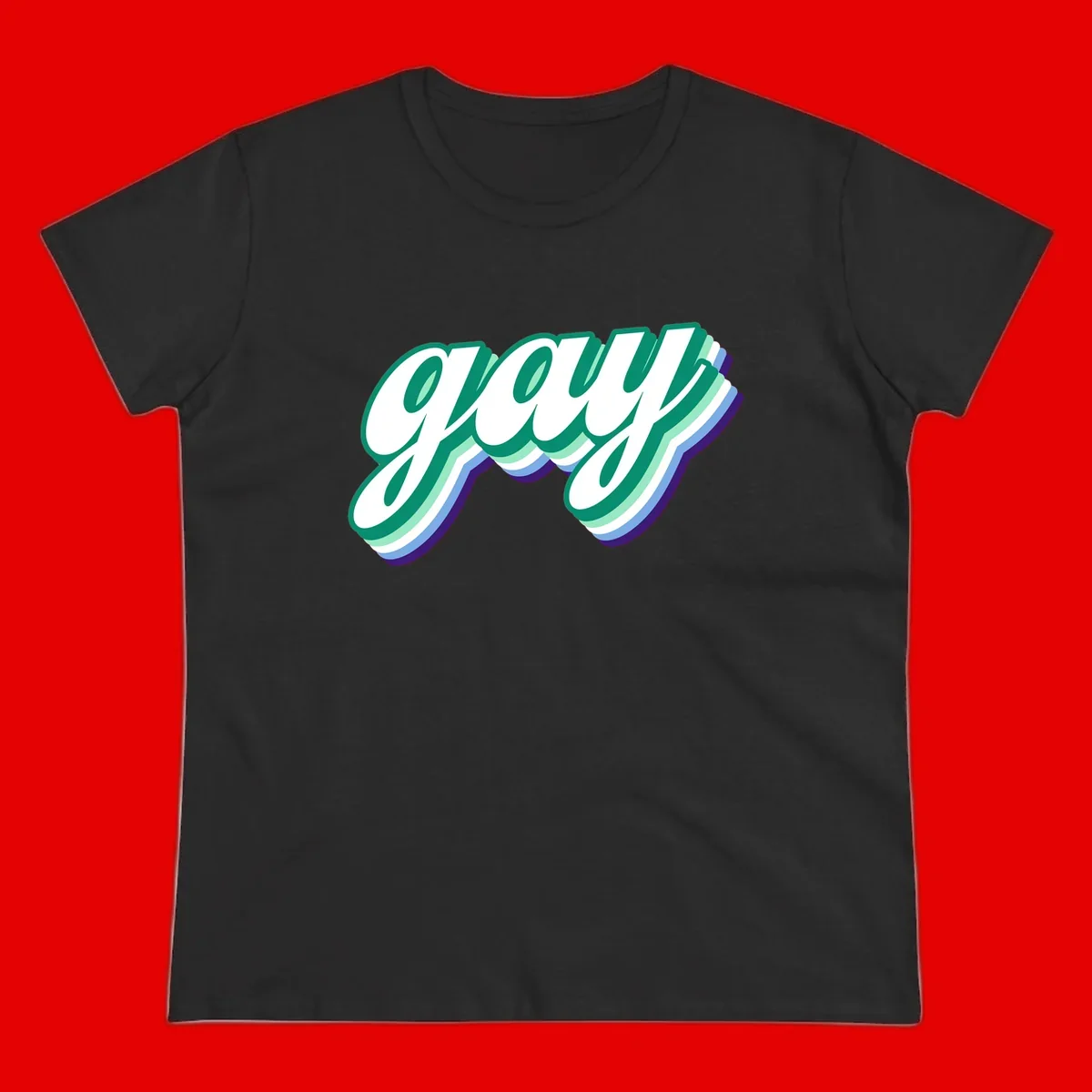 Gay pride layered script design with 3D rainbow color effect in teal, green, blue, and purple