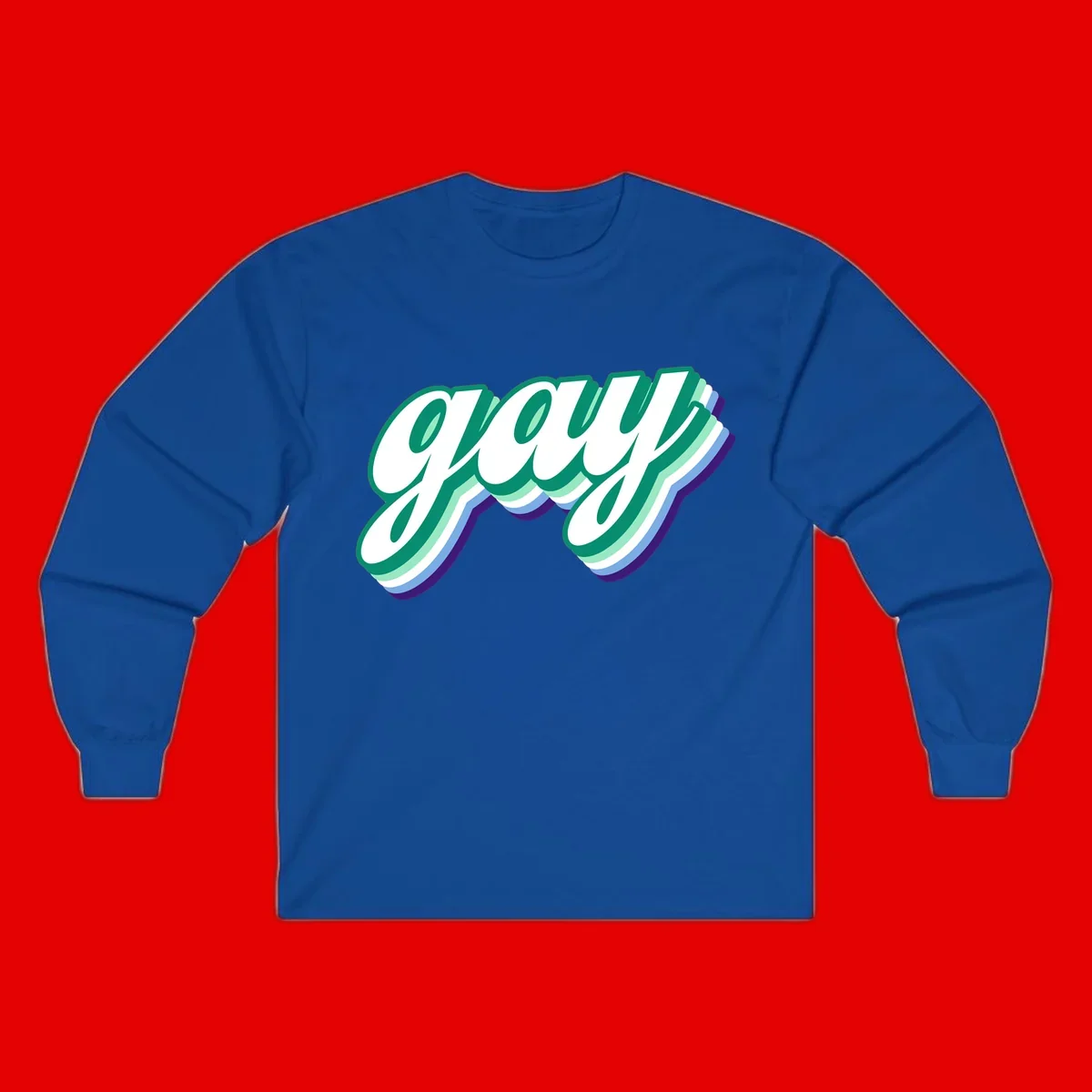 Gay pride layered script design with 3D rainbow color effect in teal, green, blue, and purple