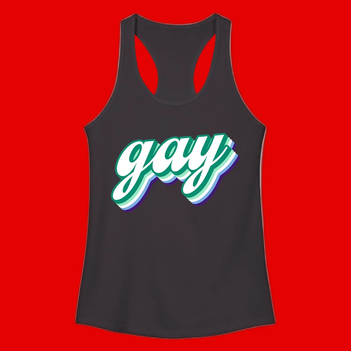Gay pride layered script design with 3D rainbow color effect in teal, green, blue, and purple