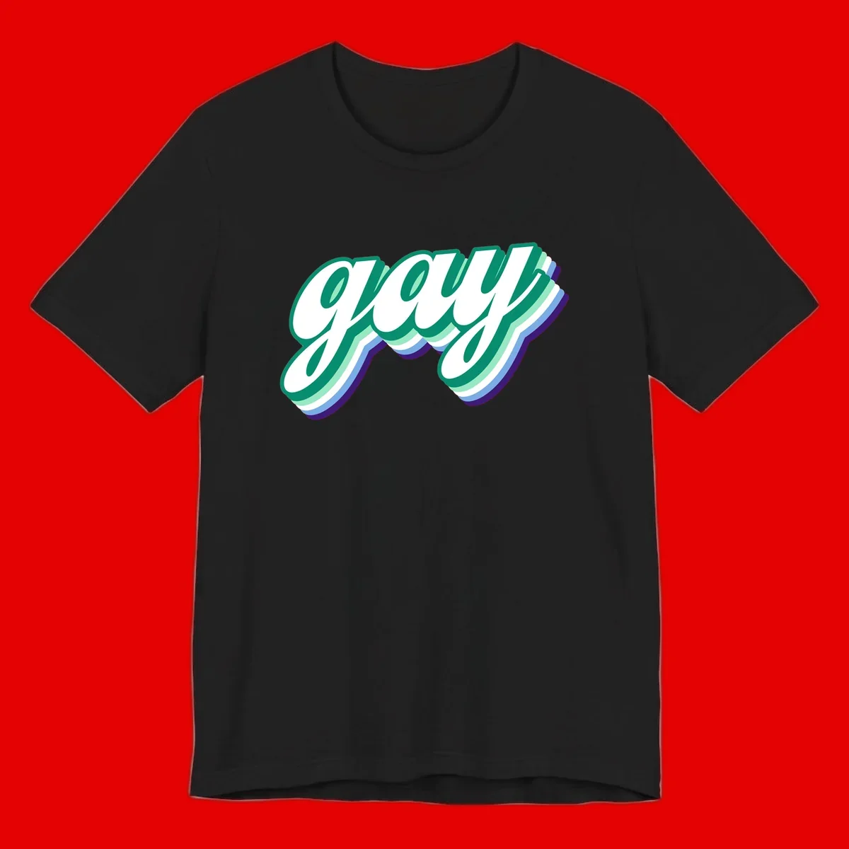 Gay pride layered script design with 3D rainbow color effect in teal, green, blue, and purple