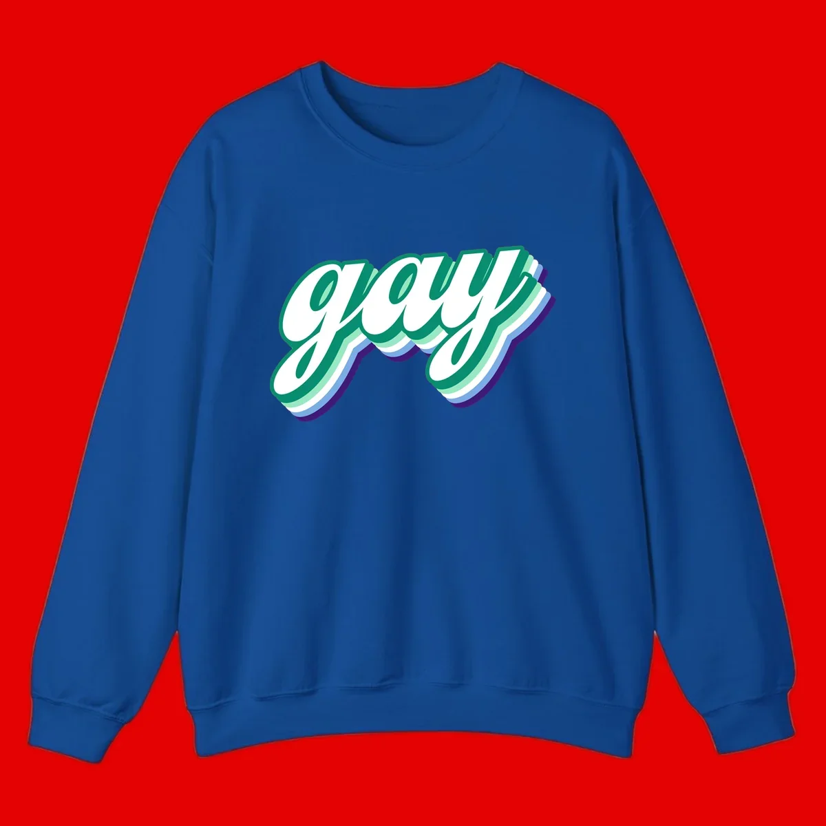 Gay pride layered script design with 3D rainbow color effect in teal, green, blue, and purple