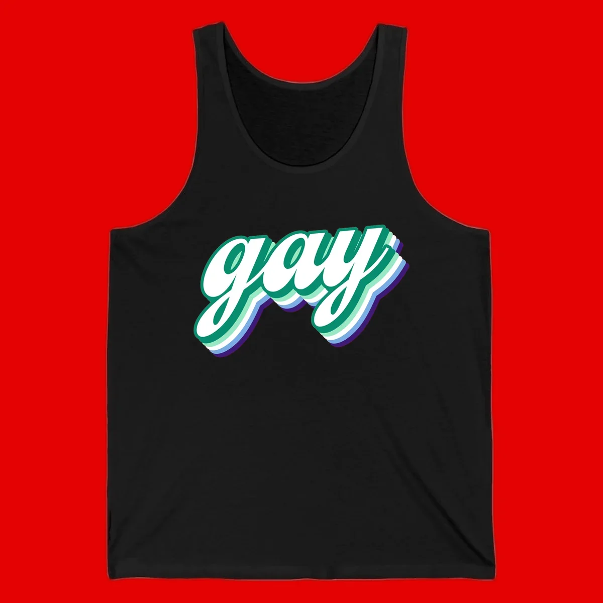 Gay pride layered script design with 3D rainbow color effect in teal, green, blue, and purple