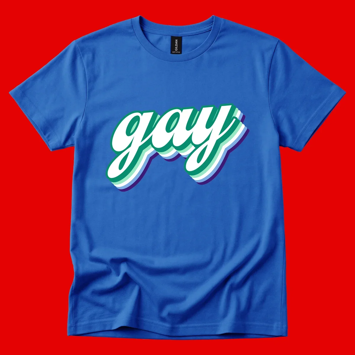 Gay pride layered script design with 3D rainbow color effect in teal, green, blue, and purple