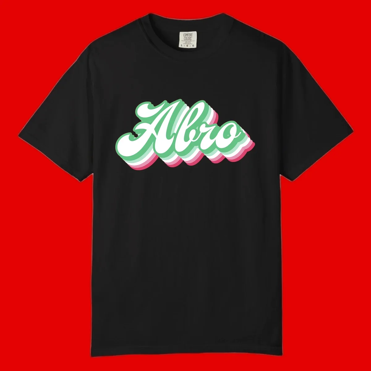 Hello wavy pride design featuring bold 3D layered text in green, pink, and white with striped pattern effect