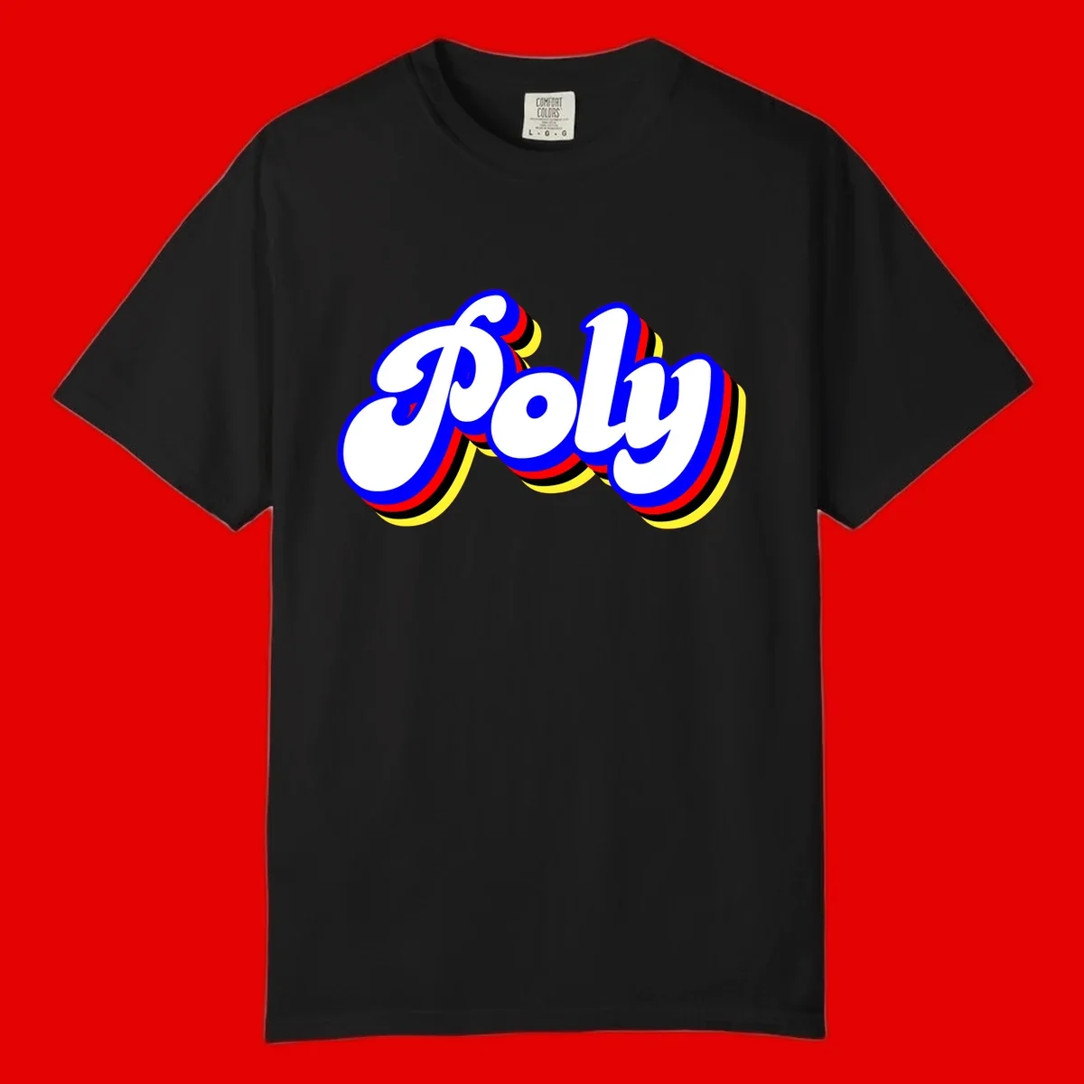 Bold retro 'POP' text with 3D blue outline and colorful red, yellow, black striped bands on gray background