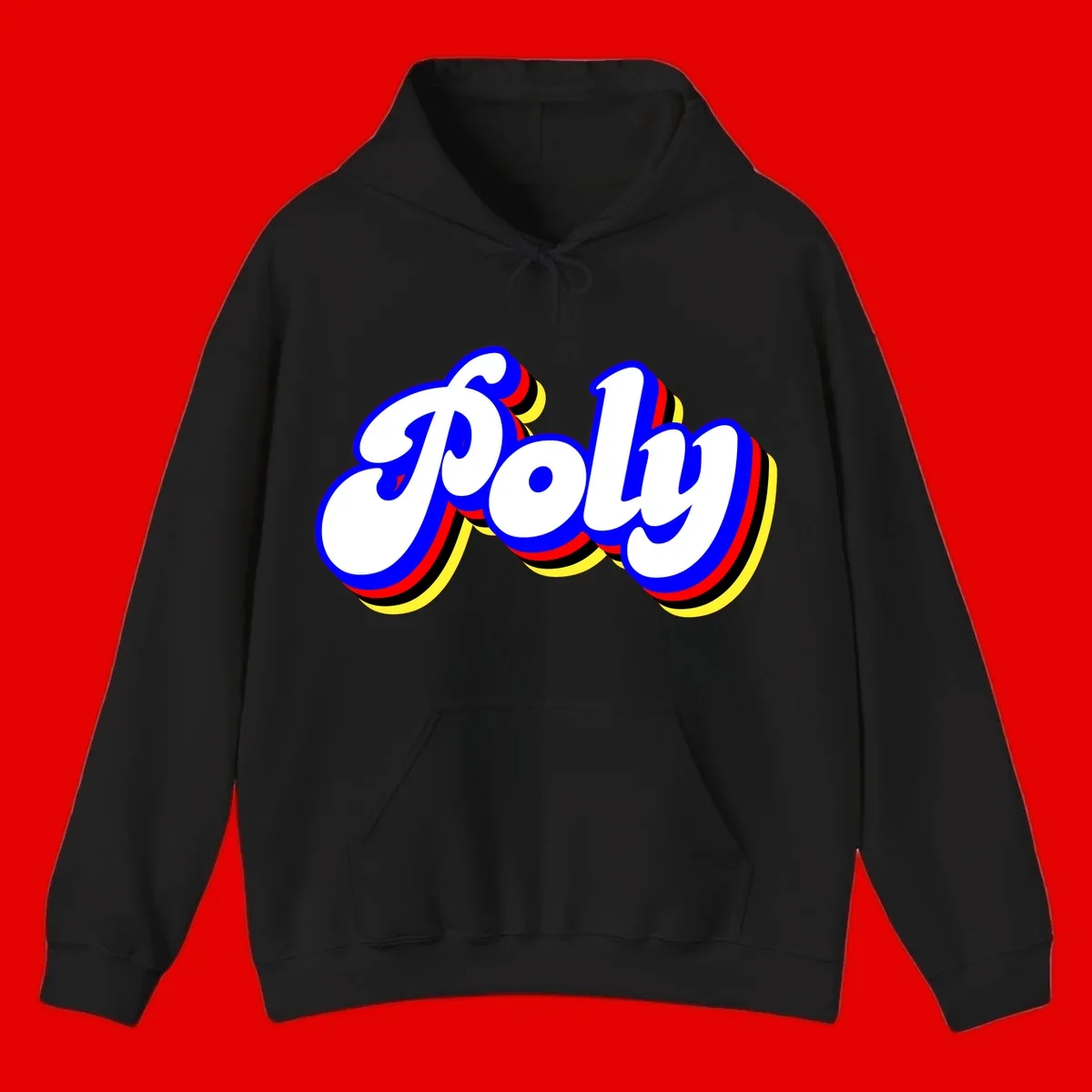 Bold retro 'POP' text with 3D blue outline and colorful red, yellow, black striped bands on gray background