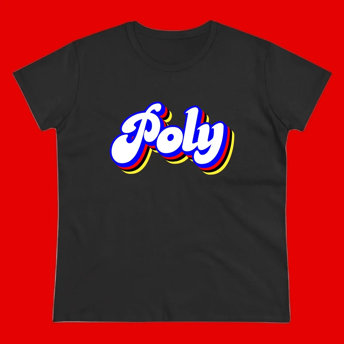 Bold retro 'POP' text with 3D blue outline and colorful red, yellow, black striped bands on gray background