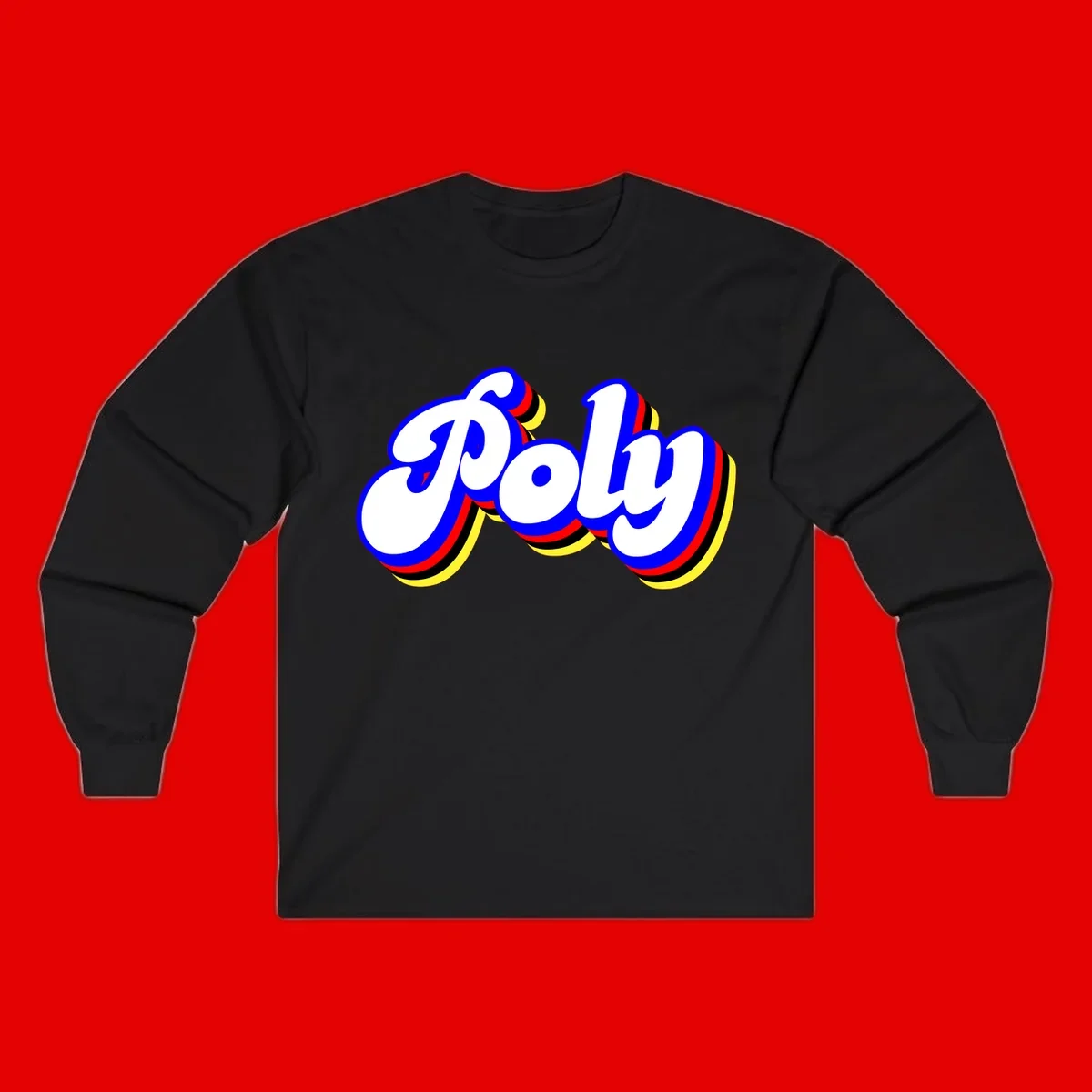 Bold retro 'POP' text with 3D blue outline and colorful red, yellow, black striped bands on gray background