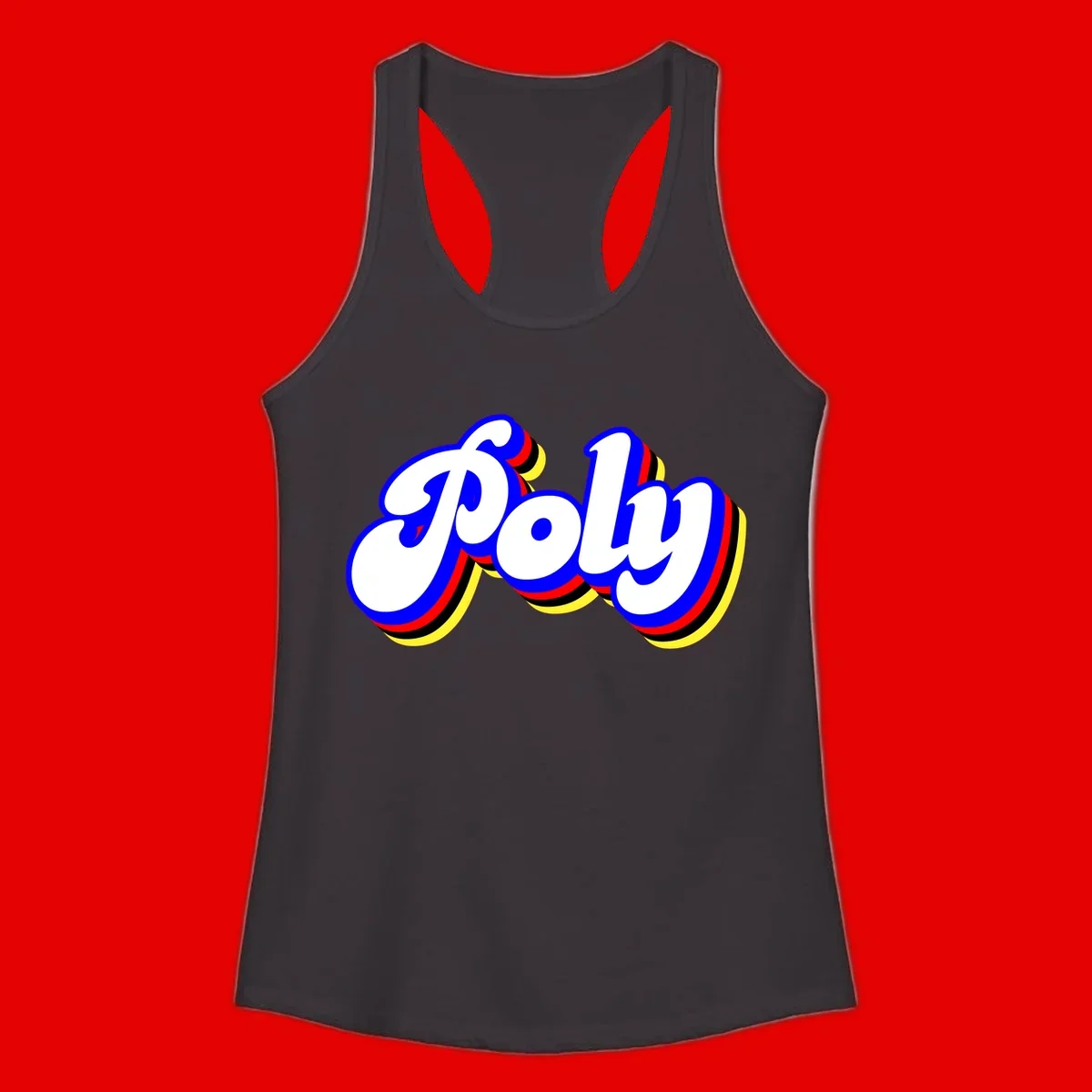 Bold retro 'POP' text with 3D blue outline and colorful red, yellow, black striped bands on gray background