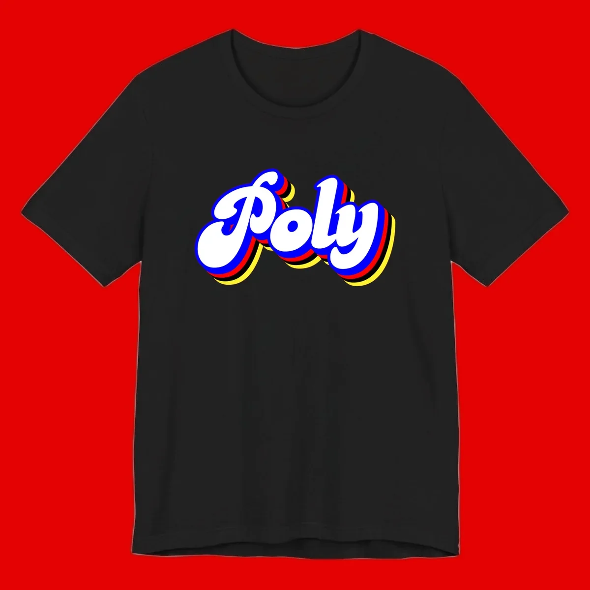 Bold retro 'POP' text with 3D blue outline and colorful red, yellow, black striped bands on gray background