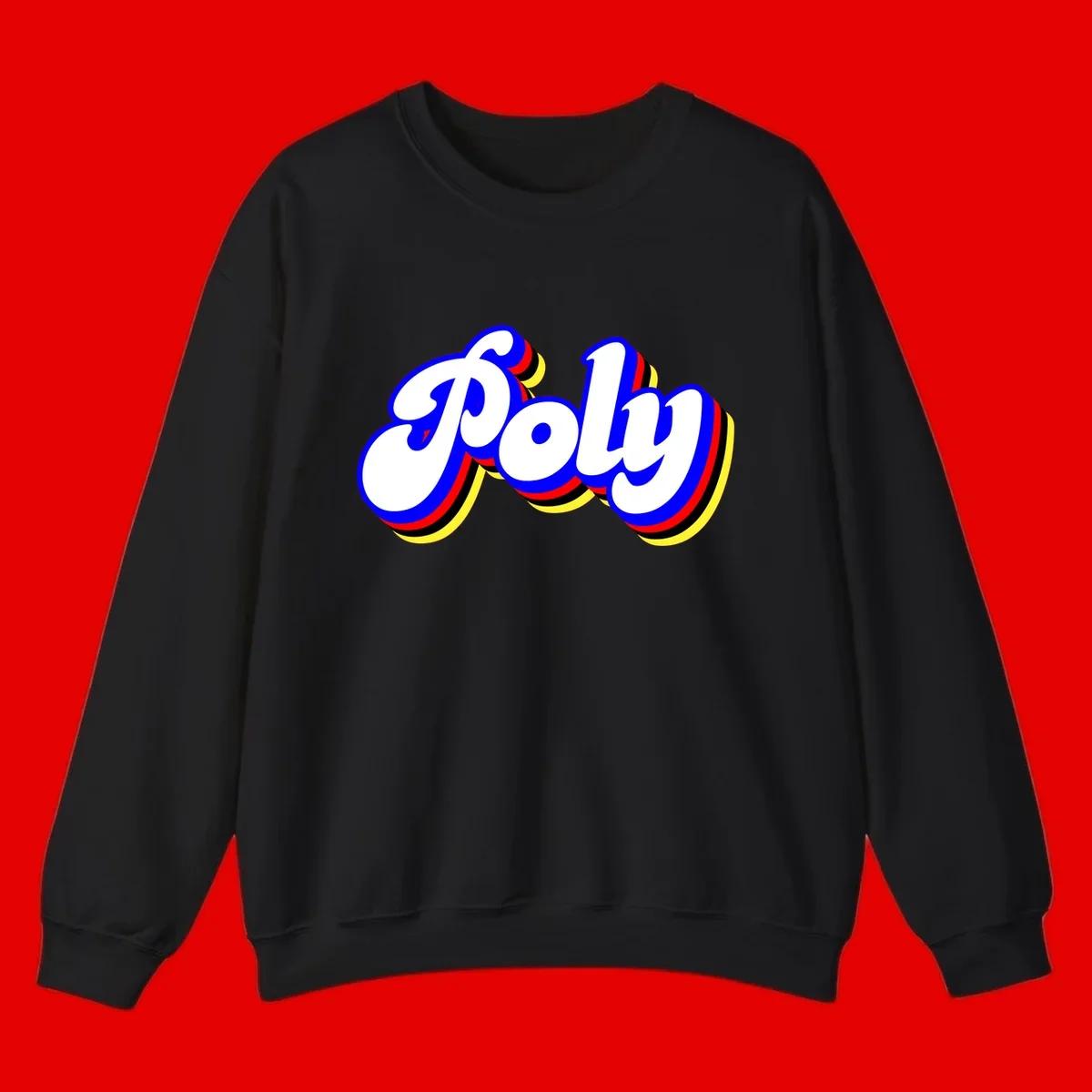 Bold retro 'POP' text with 3D blue outline and colorful red, yellow, black striped bands on gray background