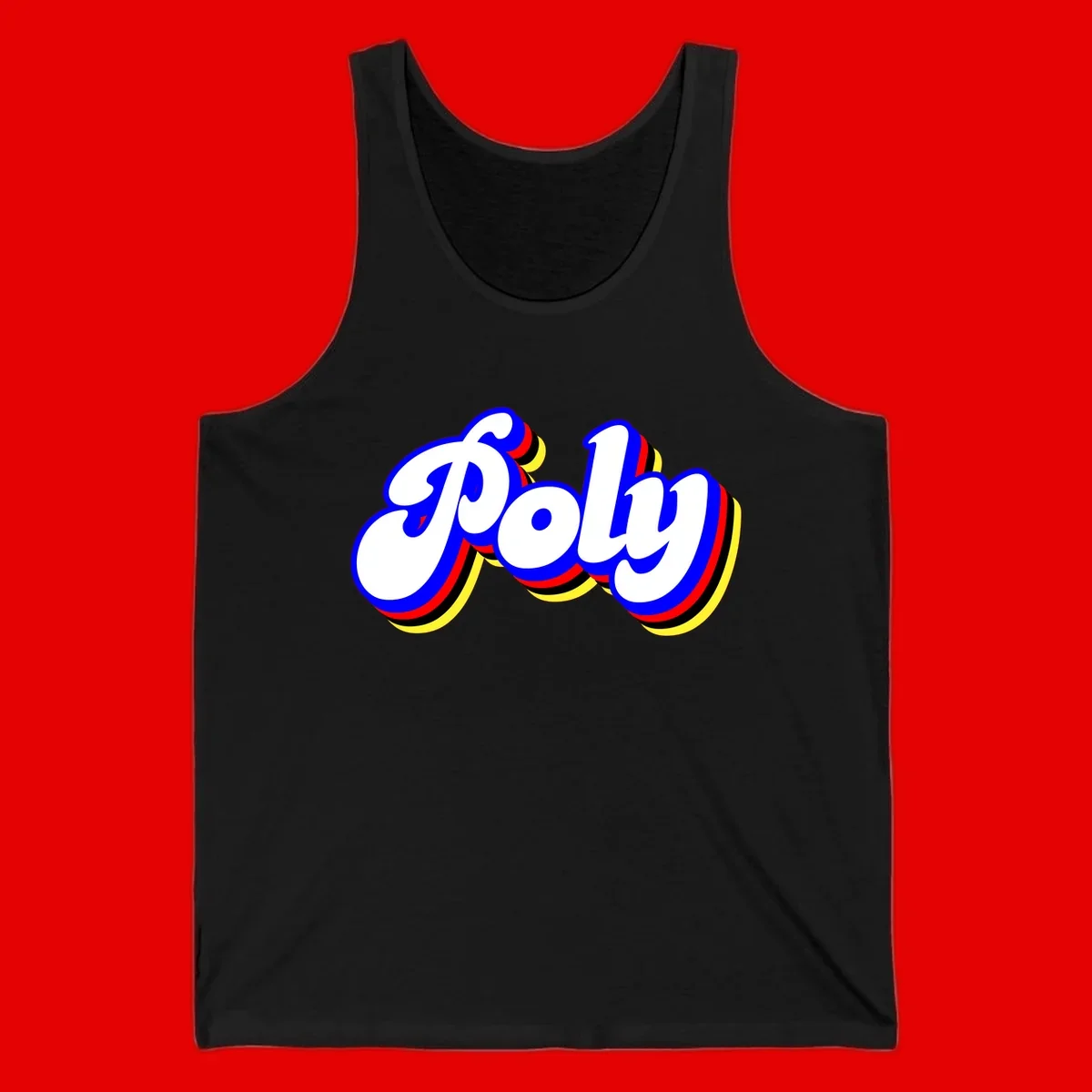 Bold retro 'POP' text with 3D blue outline and colorful red, yellow, black striped bands on gray background