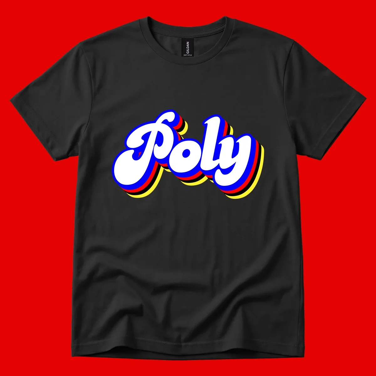 Bold retro 'POP' text with 3D blue outline and colorful red, yellow, black striped bands on gray background