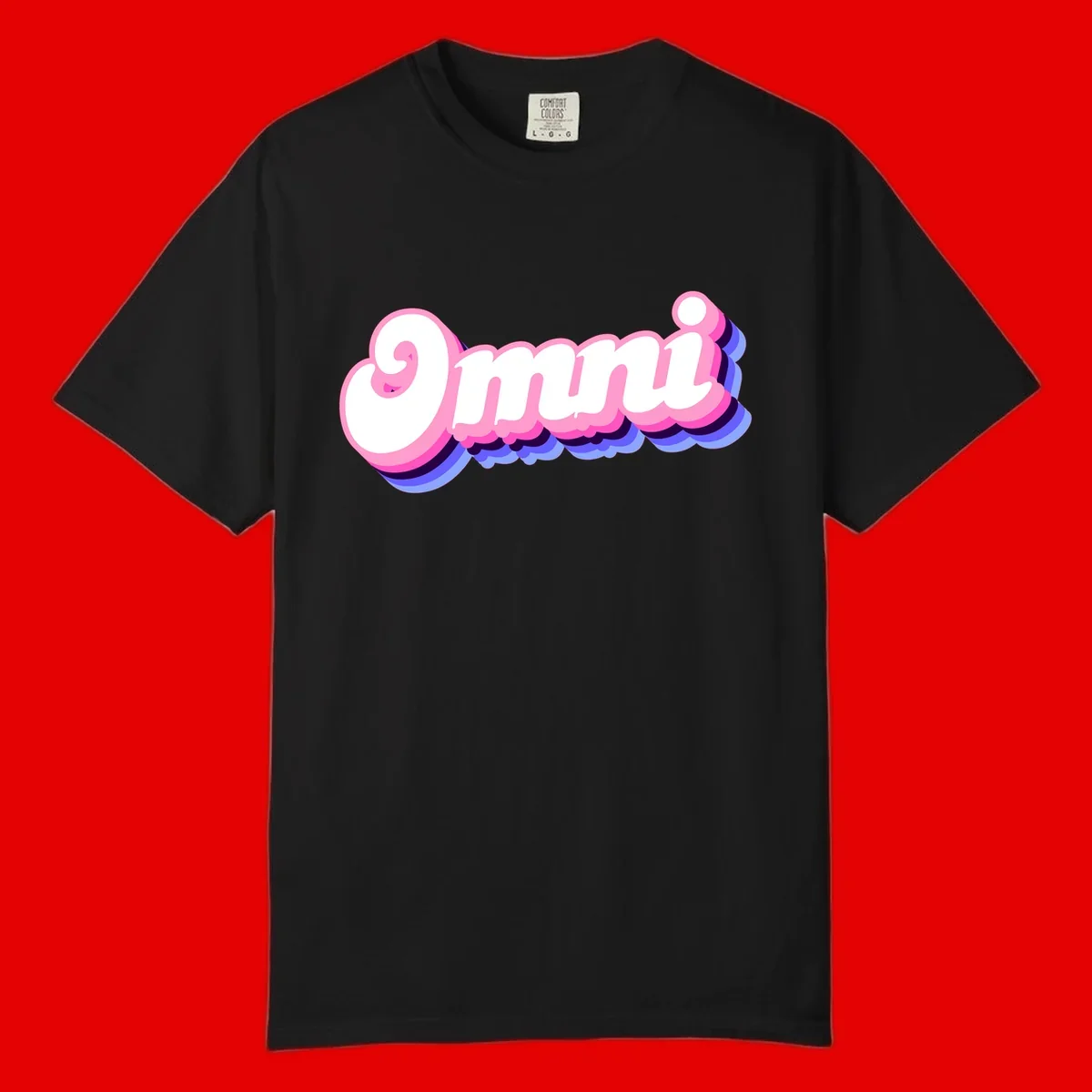 Bold pink 3D bubble text spelling 'OMG' with purple and blue dimensional shadow layering effects