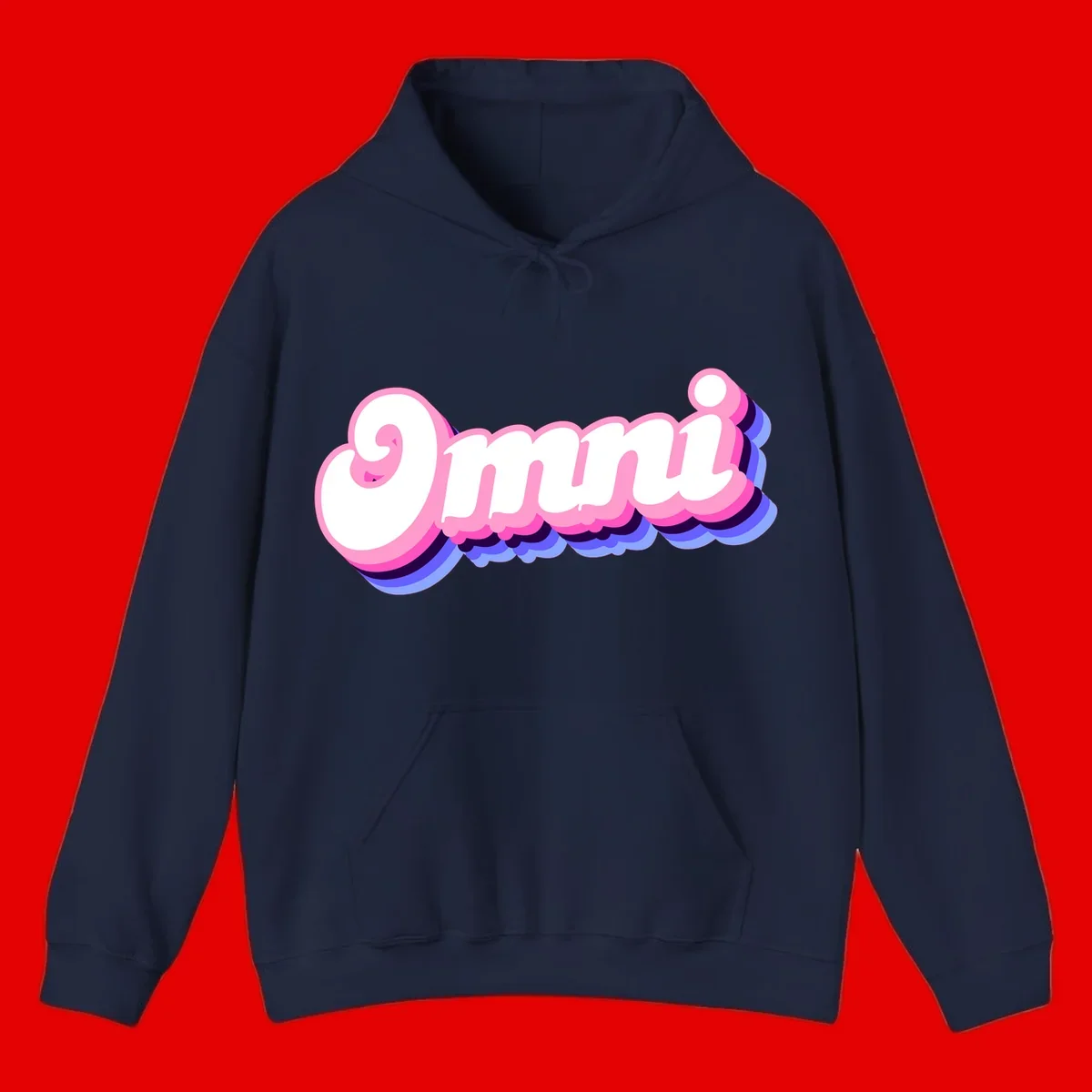Bold pink 3D bubble text spelling 'OMG' with purple and blue dimensional shadow layering effects