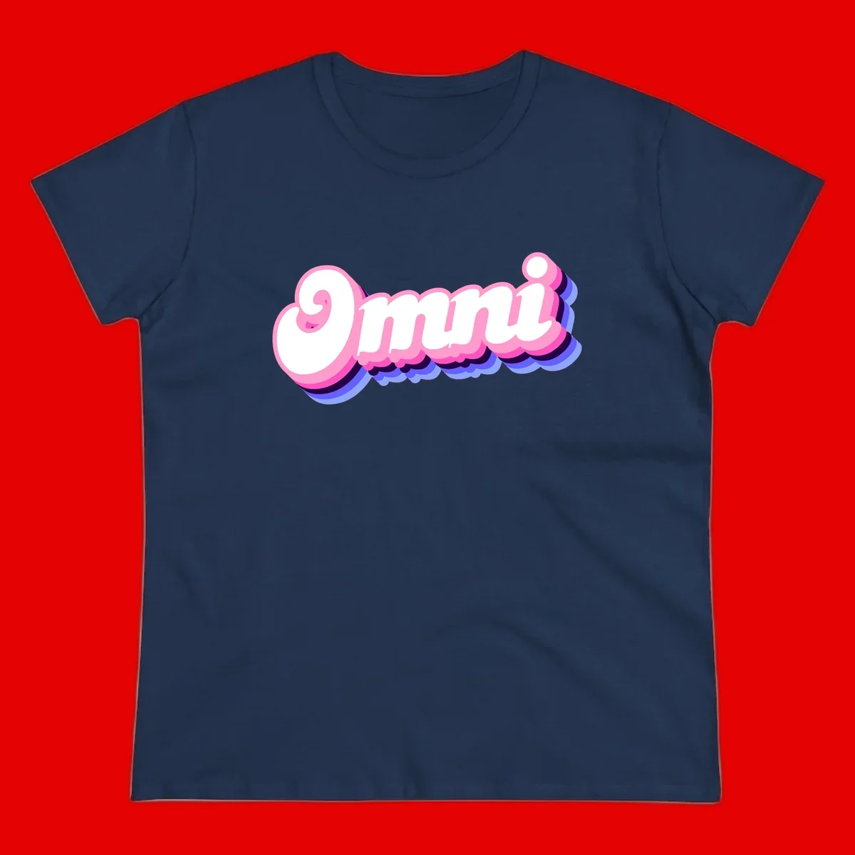 Bold pink 3D bubble text spelling 'OMG' with purple and blue dimensional shadow layering effects