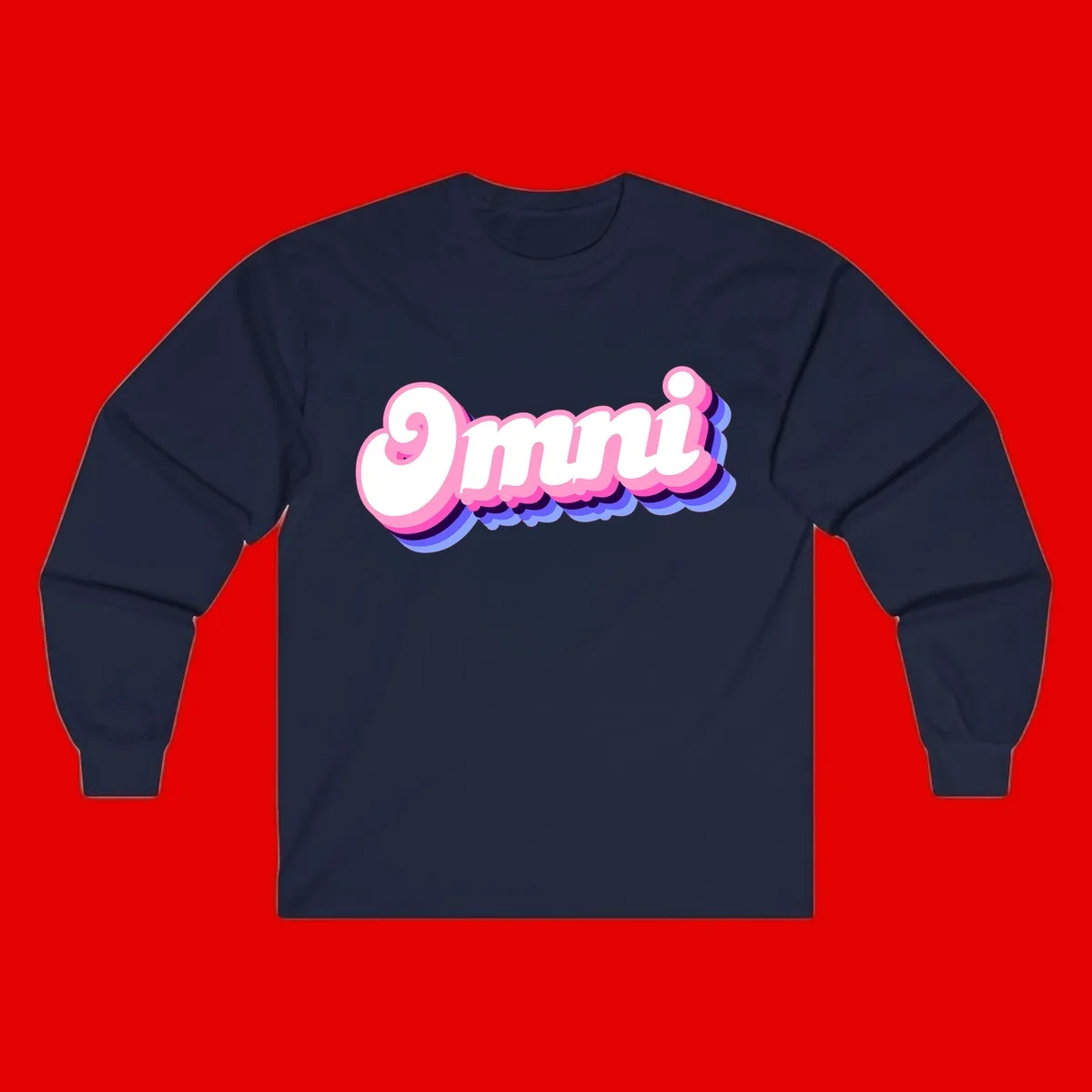 Bold pink 3D bubble text spelling 'OMG' with purple and blue dimensional shadow layering effects