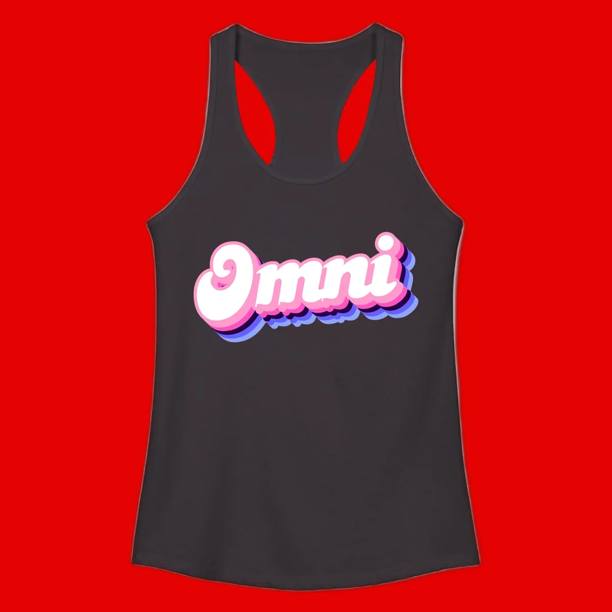 Bold pink 3D bubble text spelling 'OMG' with purple and blue dimensional shadow layering effects
