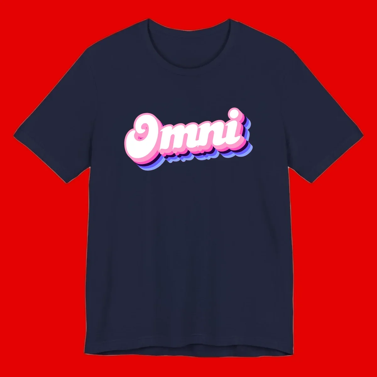 Bold pink 3D bubble text spelling 'OMG' with purple and blue dimensional shadow layering effects