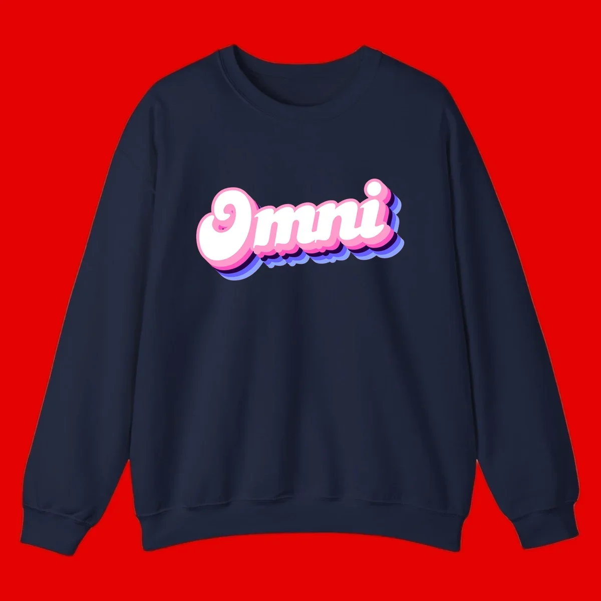 Bold pink 3D bubble text spelling 'OMG' with purple and blue dimensional shadow layering effects