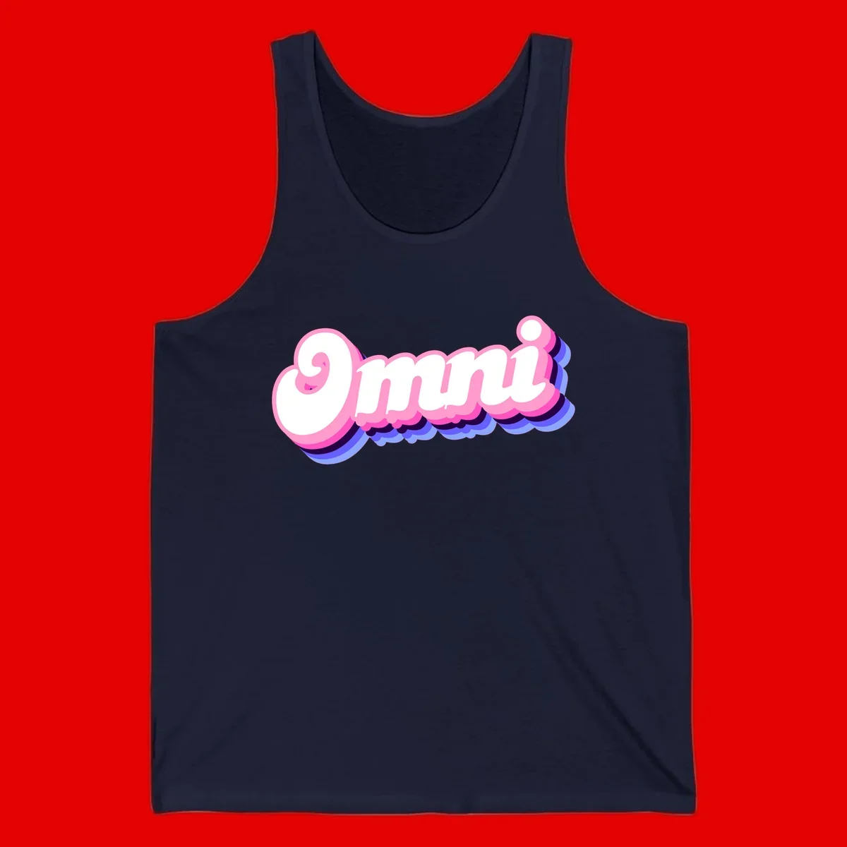 Bold pink 3D bubble text spelling 'OMG' with purple and blue dimensional shadow layering effects