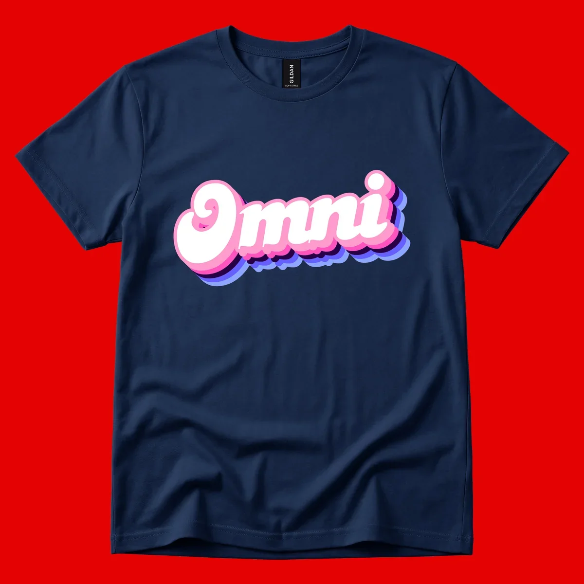 Bold pink 3D bubble text spelling 'OMG' with purple and blue dimensional shadow layering effects