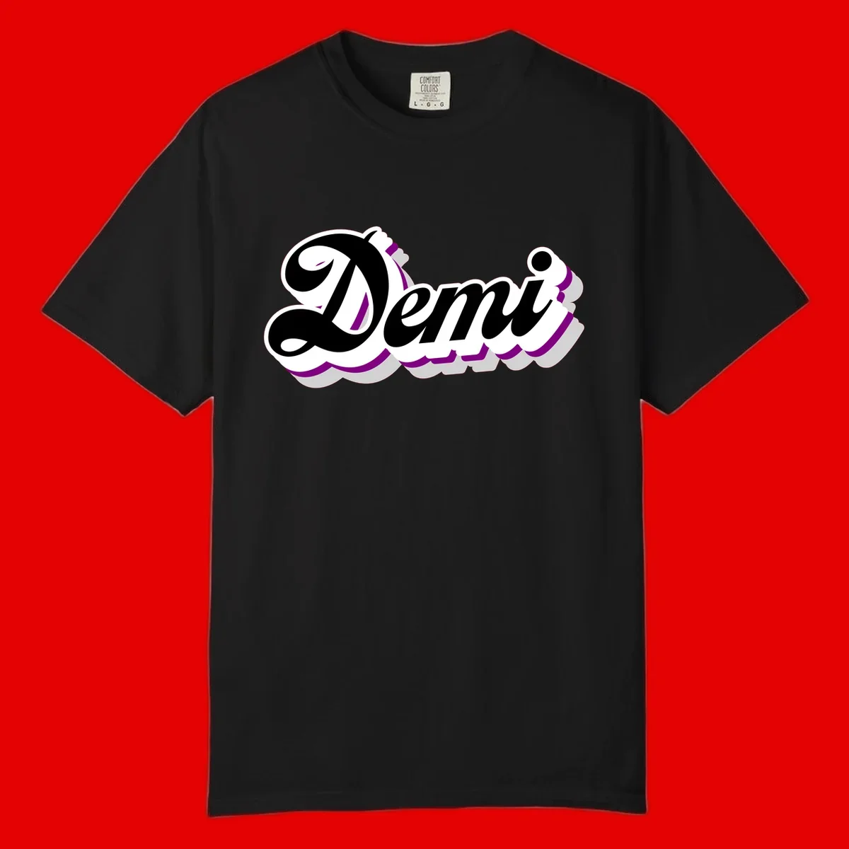 Demi script name design with purple accents and cloud-shaped background layers