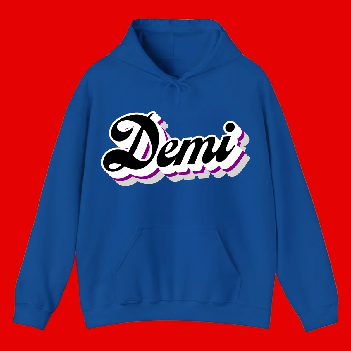 Demi script name design with purple accents and cloud-shaped background layers