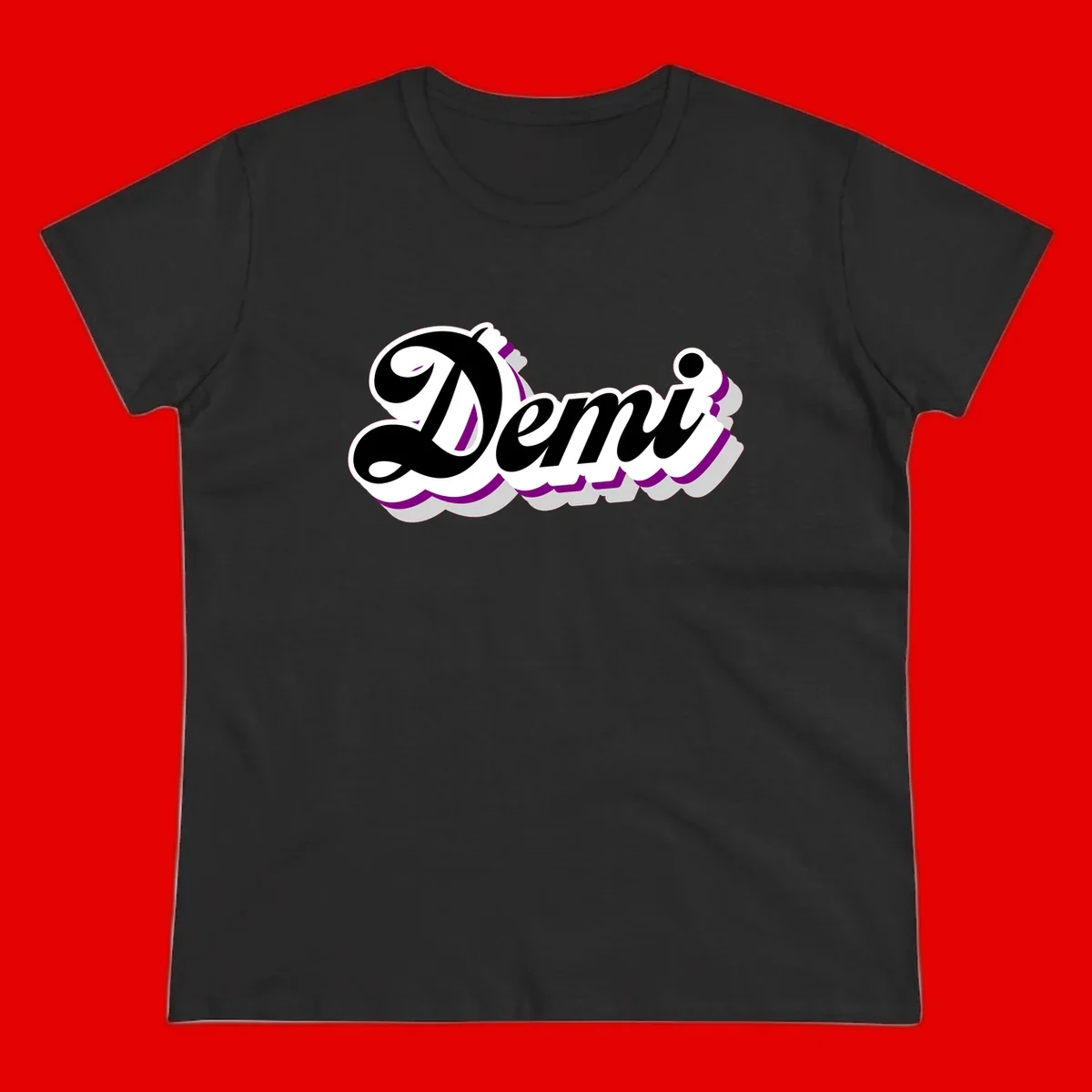 Demi script name design with purple accents and cloud-shaped background layers