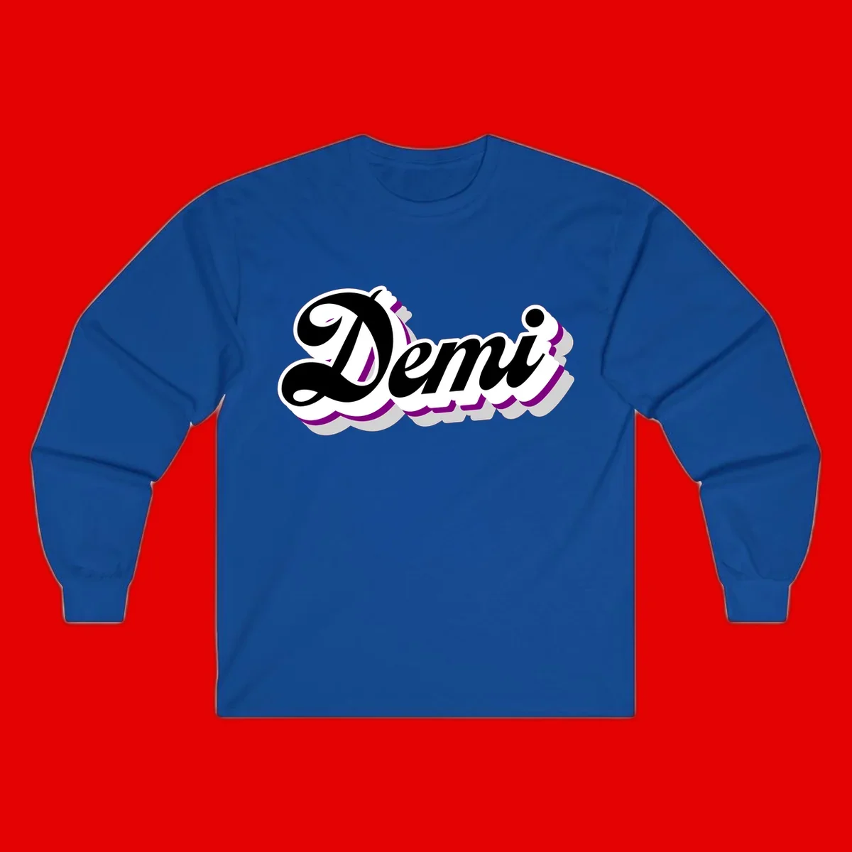 Demi script name design with purple accents and cloud-shaped background layers