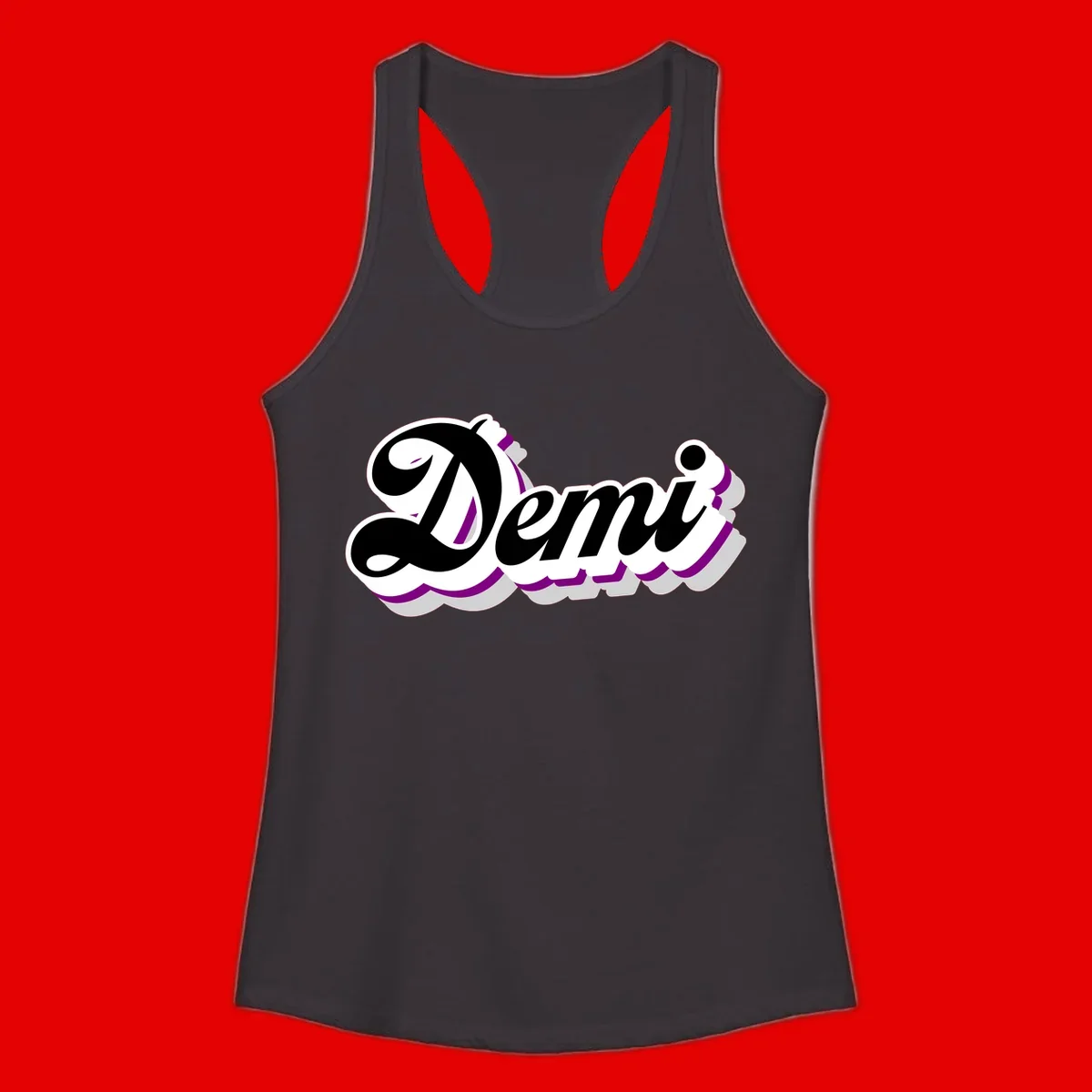 Demi script name design with purple accents and cloud-shaped background layers