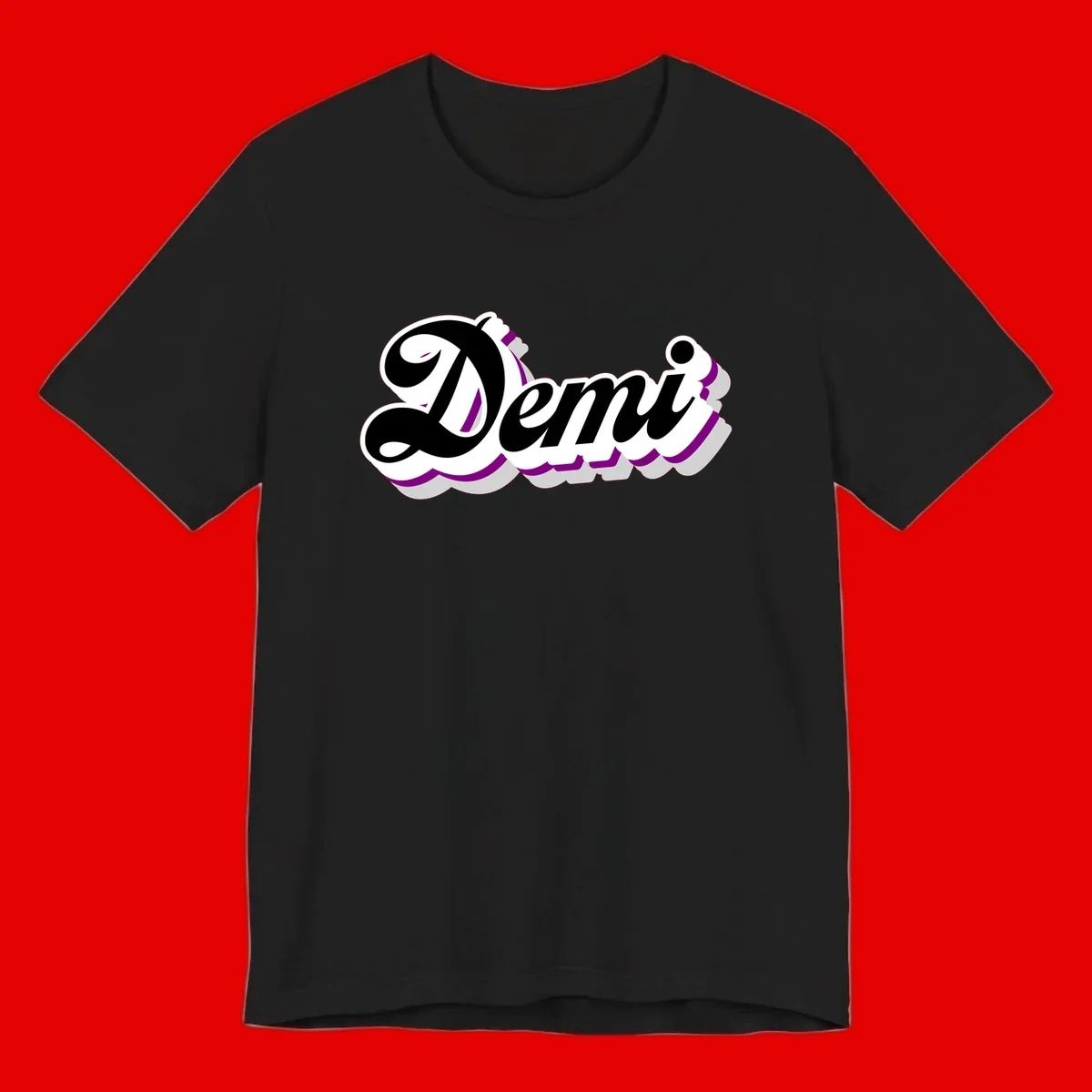 Demi script name design with purple accents and cloud-shaped background layers