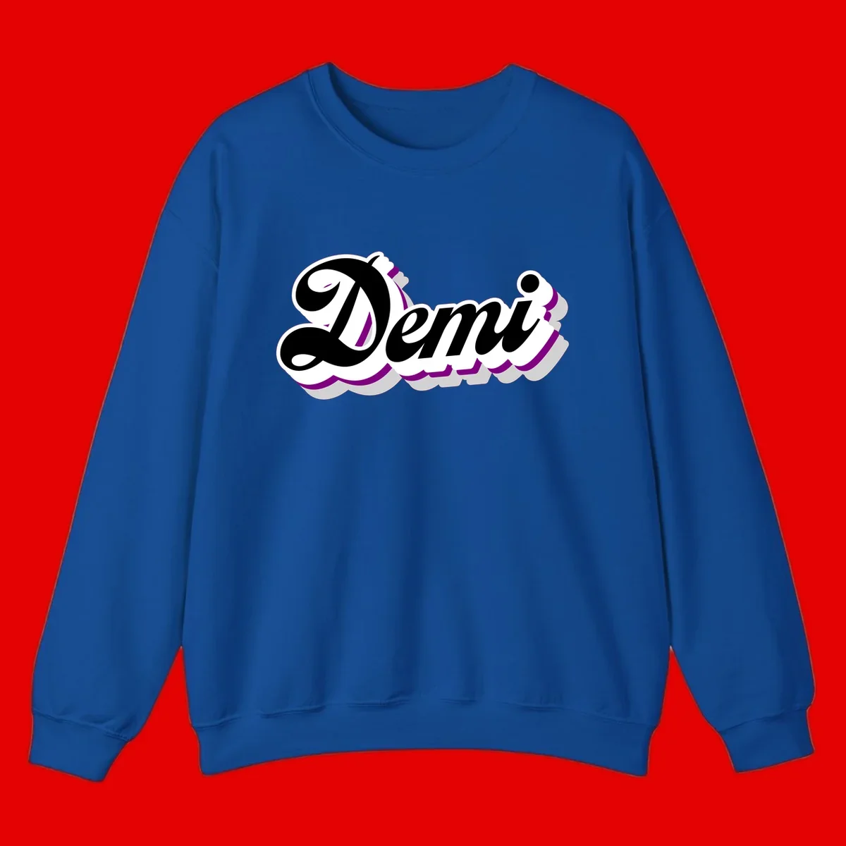 Demi script name design with purple accents and cloud-shaped background layers