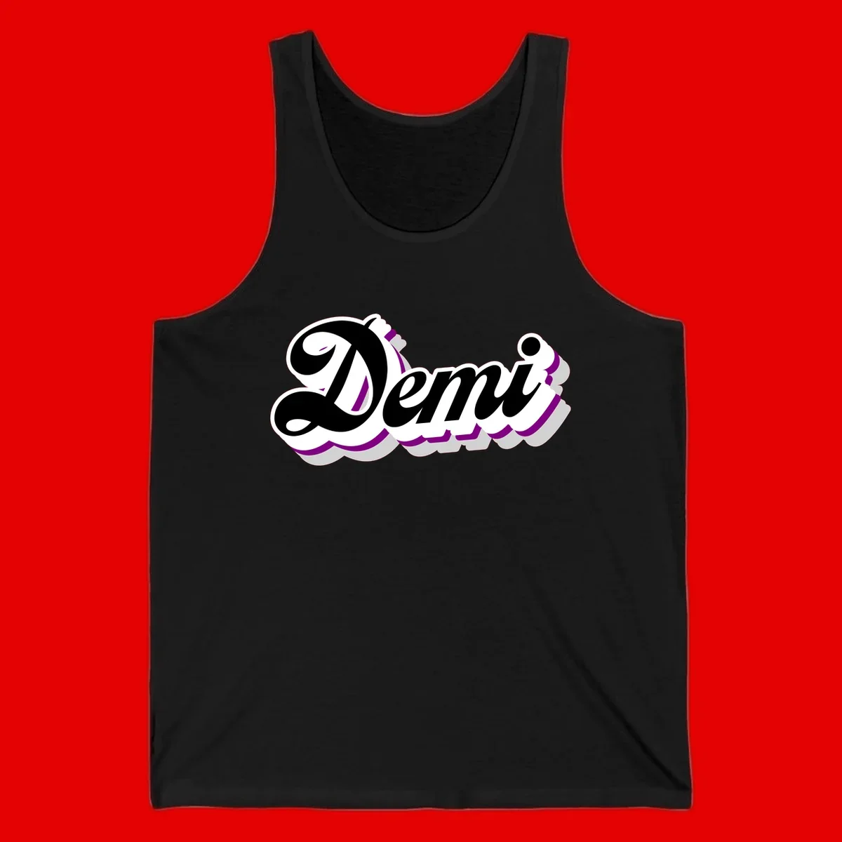 Demi script name design with purple accents and cloud-shaped background layers
