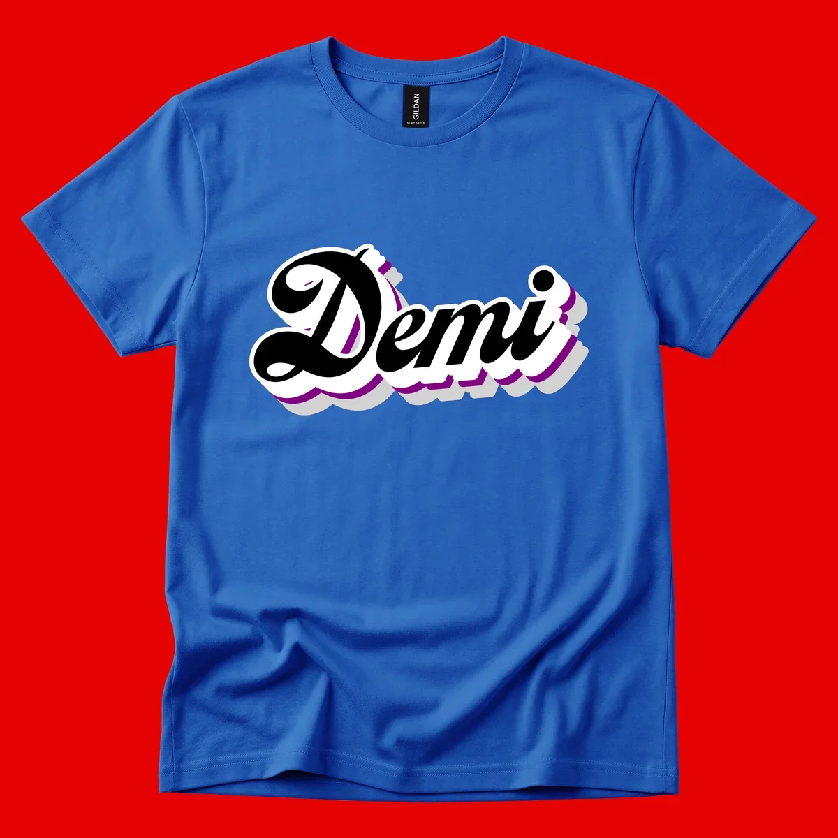 Demi script name design with purple accents and cloud-shaped background layers
