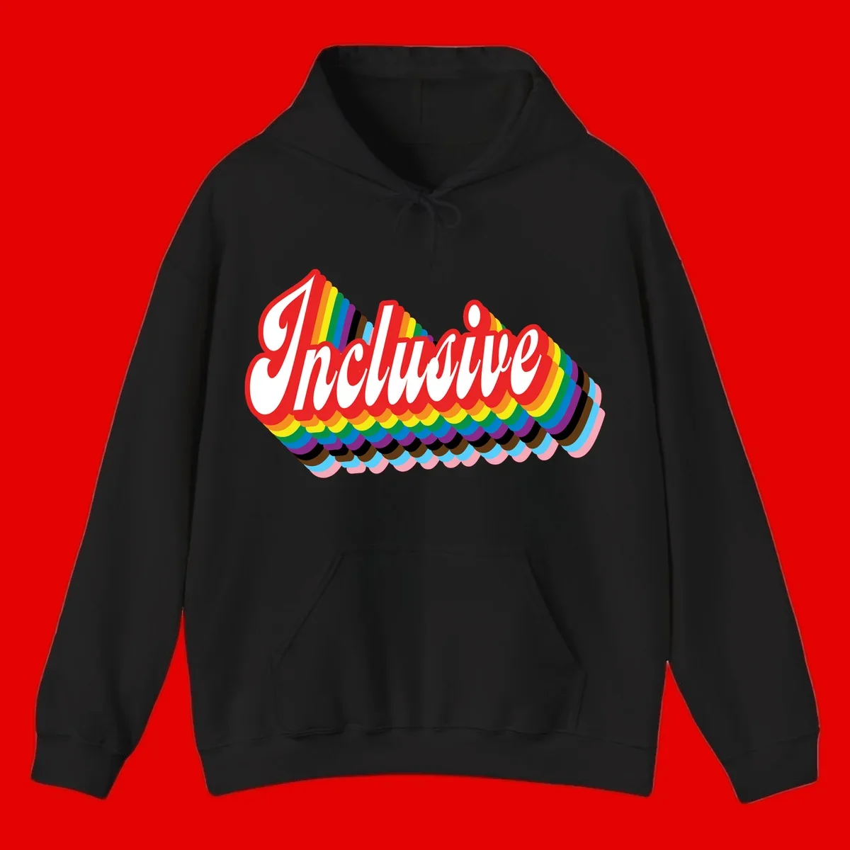 Inclusive pride rainbow design with bold red 3D lettering and layered rainbow wave stripes in full spectrum colors