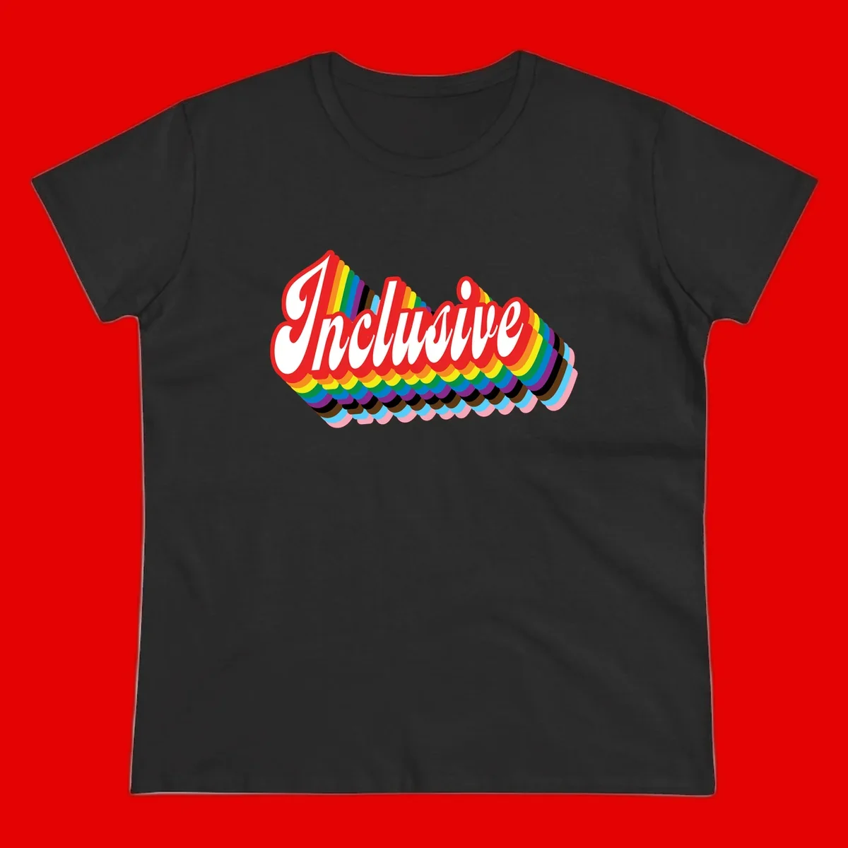Inclusive pride rainbow design with bold red 3D lettering and layered rainbow wave stripes in full spectrum colors