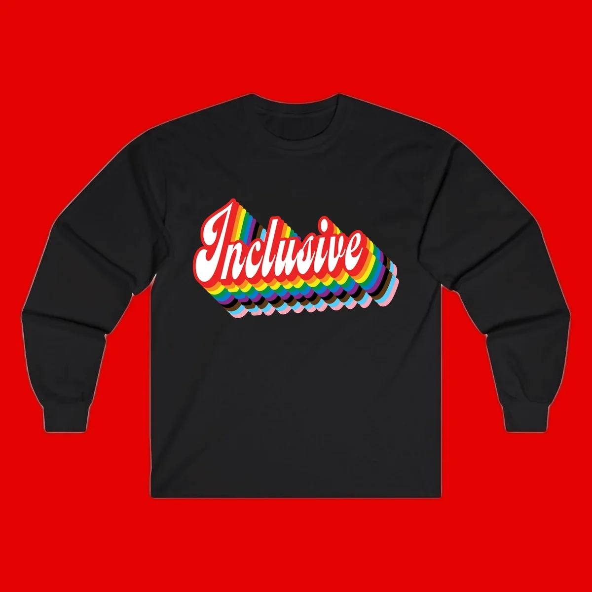 Inclusive pride rainbow design with bold red 3D lettering and layered rainbow wave stripes in full spectrum colors