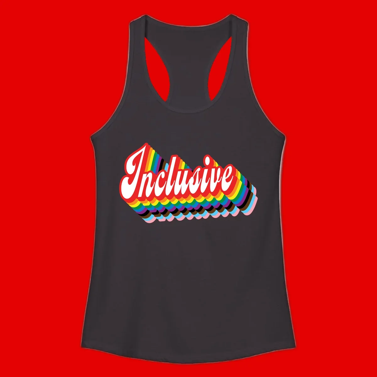 Inclusive pride rainbow design with bold red 3D lettering and layered rainbow wave stripes in full spectrum colors